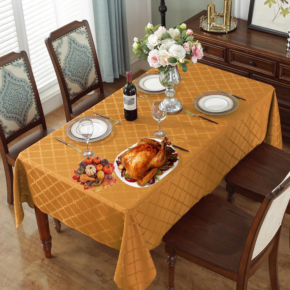 SASTYBALE Fall Tablecloth Floral Jacquard Polyester Table Cloth Spill Proof Wrinkle Resistant Table Cover for Harvest, Thanksgiving Decoration(Square,52"x 52"(4-6 Seats,Amber) A-amber Square, 52" x 52" (2-4 Seats)