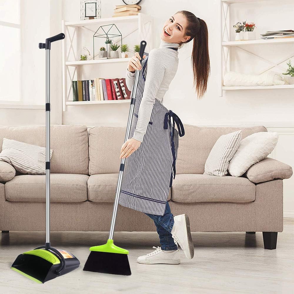Broom and Dustpan Set, Super Long Handle Lobby Broom, Self-Cleaning with Dust Pan Teeth, Ideal for Home