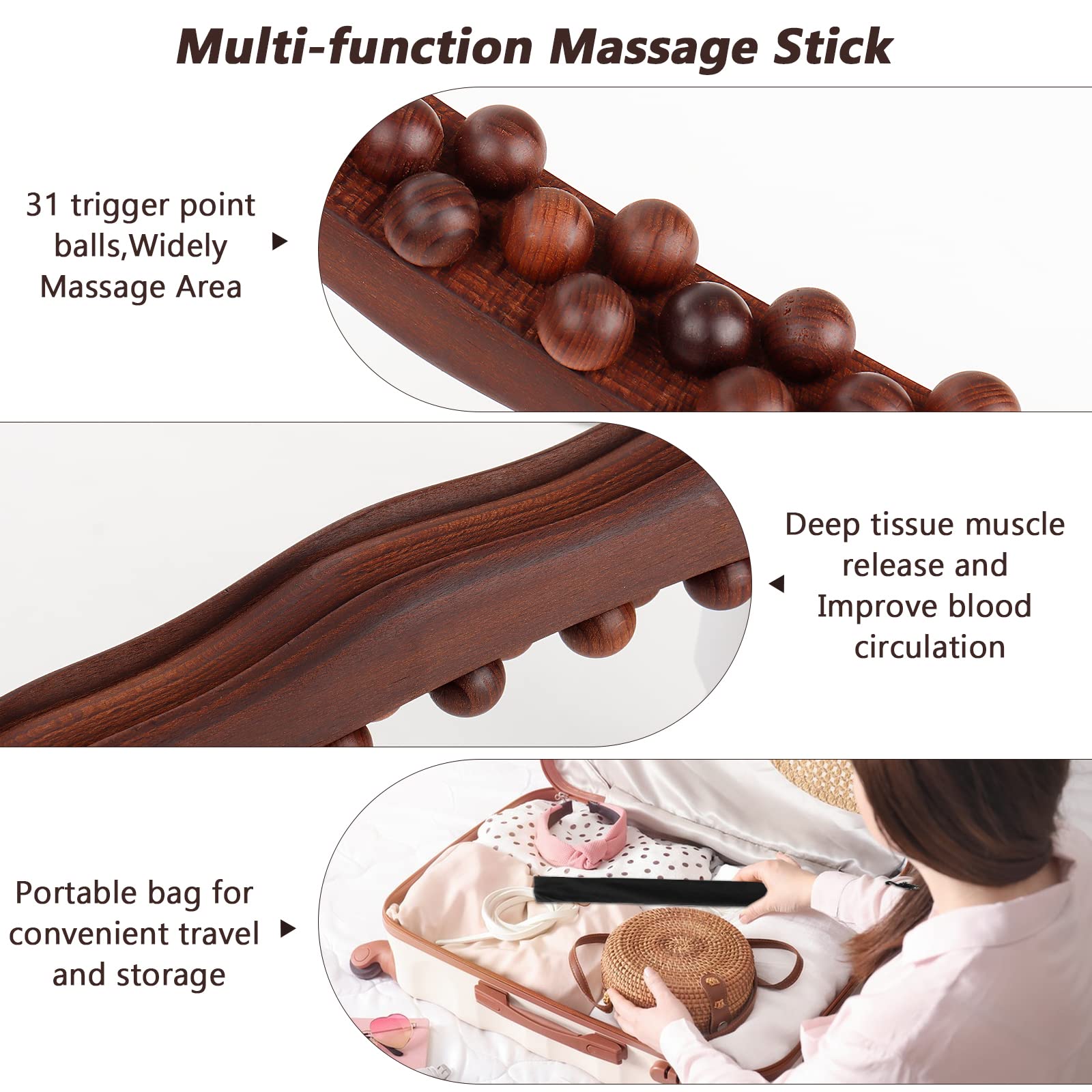Guasha - Herramientas de madera para masaje de terapia de madera, herramientas de masaje para dar forma al cuerpo, rodillo de masaje de espalda de 31 cuentas, masajeador de drenaje linfático para dar