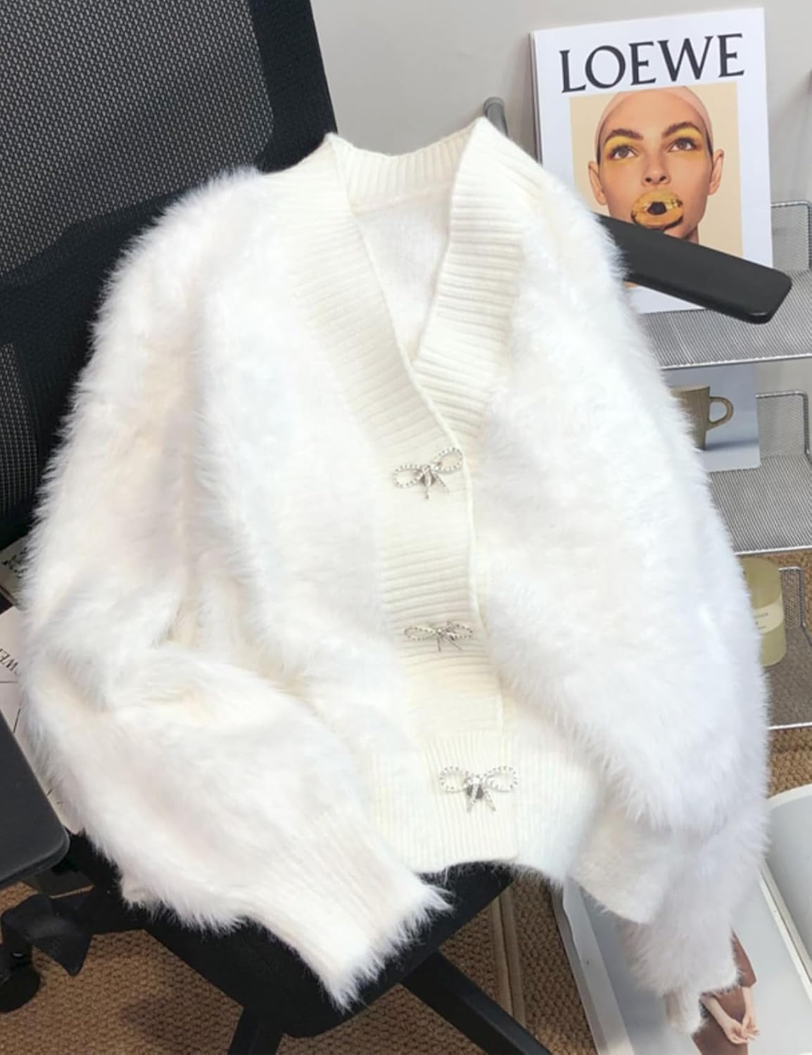 Yimoon Women's Fuzzy Cardigan Sweater Cropped Cardigans Bowknot Brooch Button Knit Sweaters V Neck Long Sleeve Soft Knitwear - Image 3