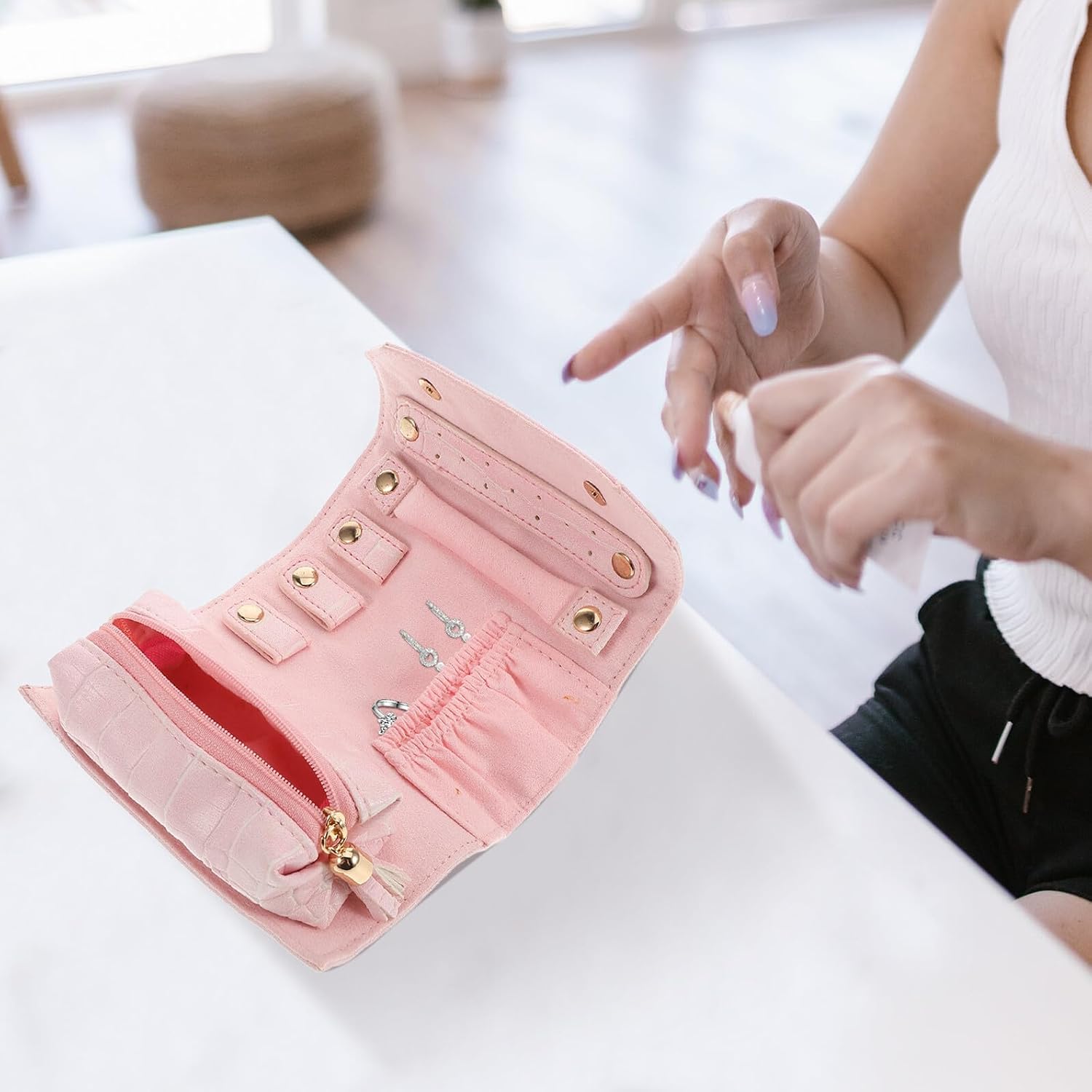 Portable Jewelry Organizer Pouch Travel Earring Holder Roll Bag with Embossed Pattern Multi-use Compact Storage for Necklaces Rings Ear Studs Lightweight Jewelry Travel Case for