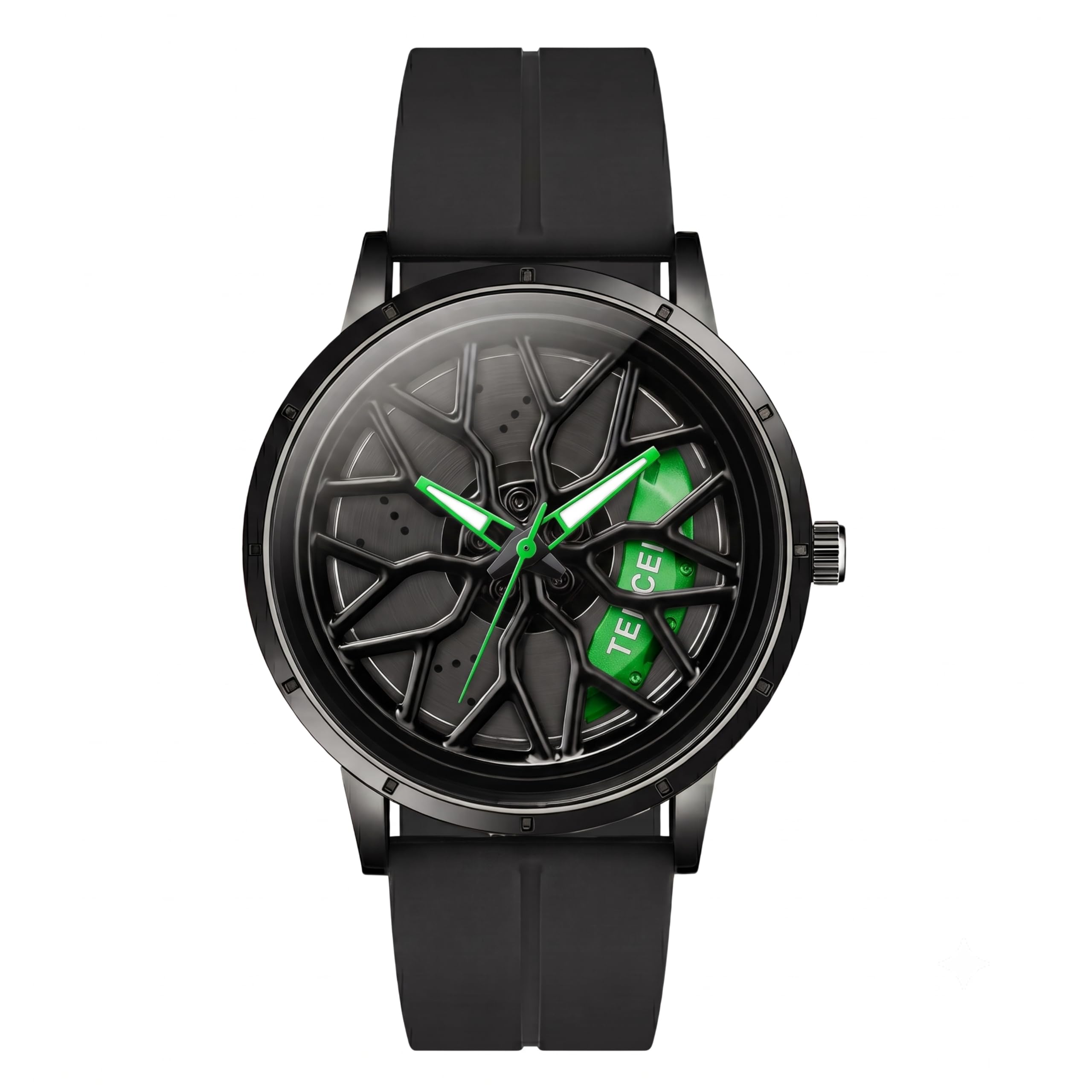 GOLDENIZE FASHION Branded Men's Sport Quartz Watch Car Wheel Multicolour Dial Wheel Dial 360 Rotating Casual Fashion Stainless Steel Alloy Mens &Boy's Luxury Metal Gift Creative Watch (Green-Black)