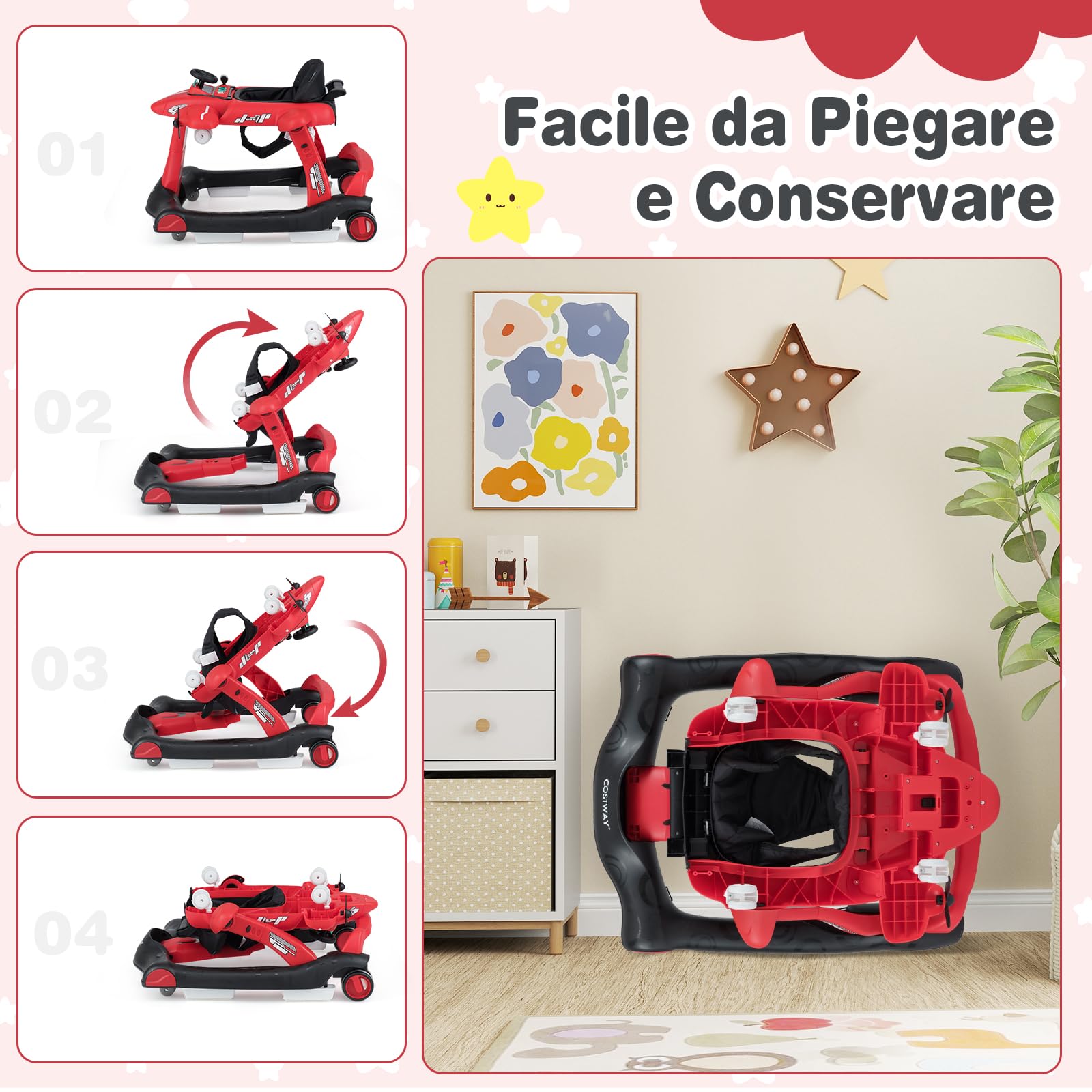 RELAX4LIFE Girello per Bambini 6-in-1, con Altezza e Velocità Regolabili, Seggiolino Imbottito, Musica, Luci, Ruote, a Aeroplano, Giocattolo per Bambini di 6-18 Mesi (ROSSO)
