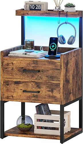 Miniatura 9 de AOGLLATI Mesita de noche con luces LED y estación de carga, 2 cajones para dormitorio, 2 puertos USB, 2 tomacorrientes, mesa auxiliar de cama con