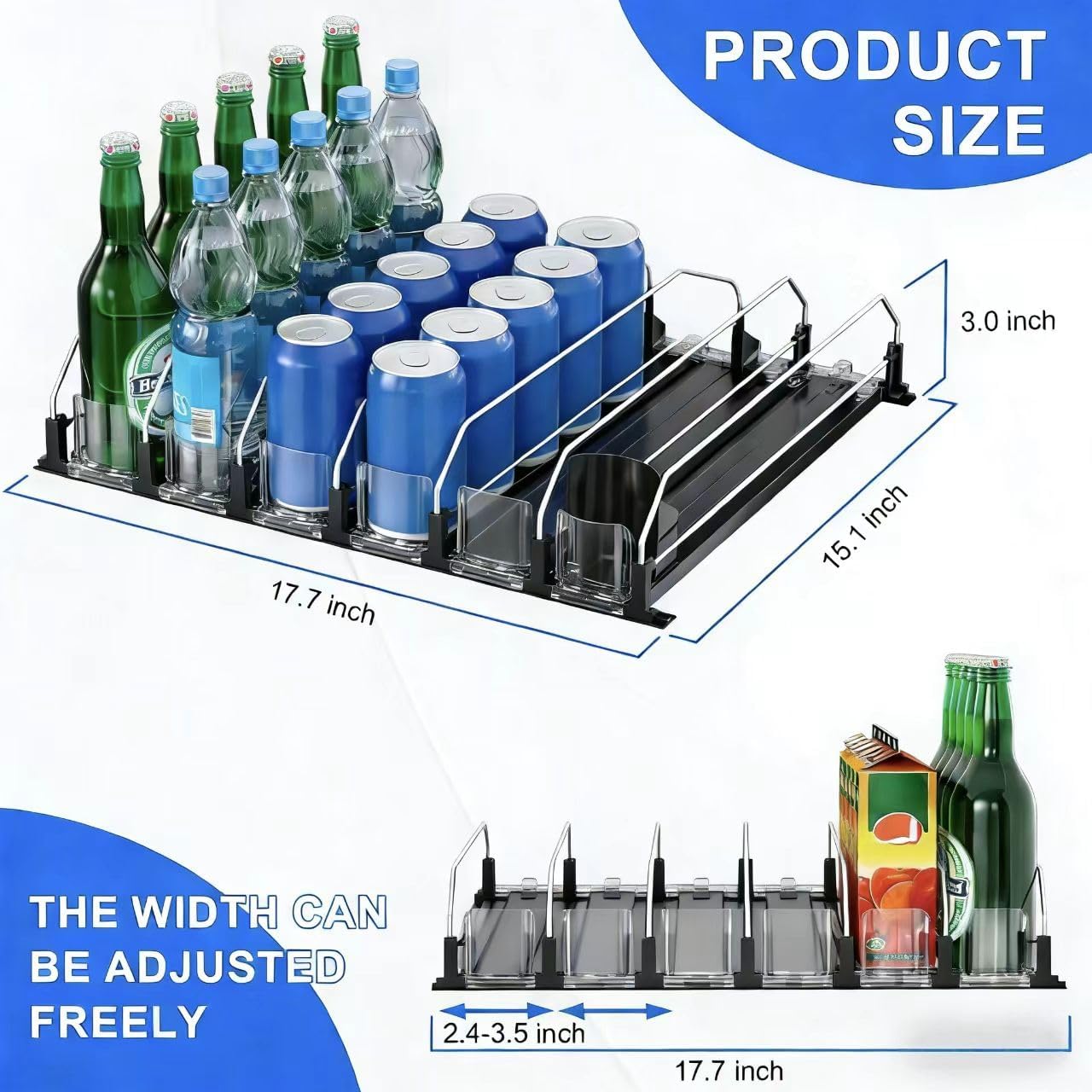 6 Rows Black Drink Organizer for Fridge, 3rd Gen Refrigerator Organizers and Storage, Automatic Pusher Glide and Adjustable Width Can Organizer for Refrigerator - Holds up to 30 Cans