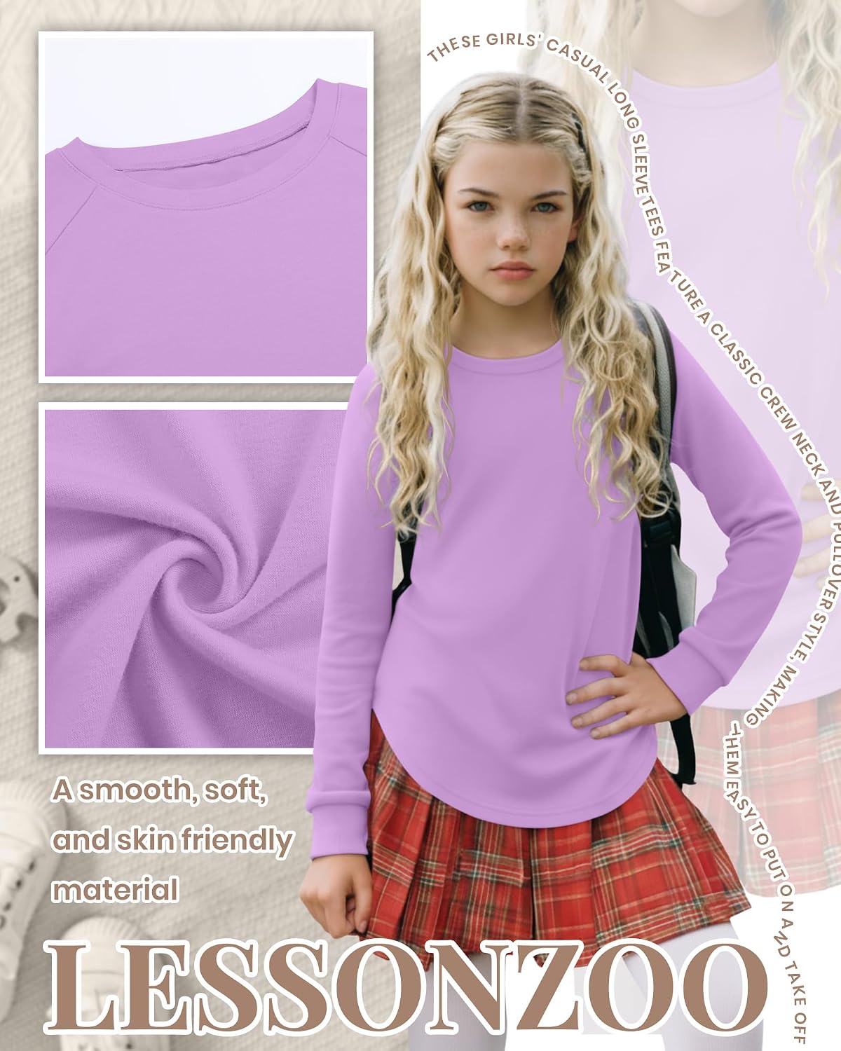 3 Pack Girls Long Sleeve Shirts Kids Crewneck Curve Hem Casual Tops Raglan Sleeve Athletic Comfy Pullover Tees