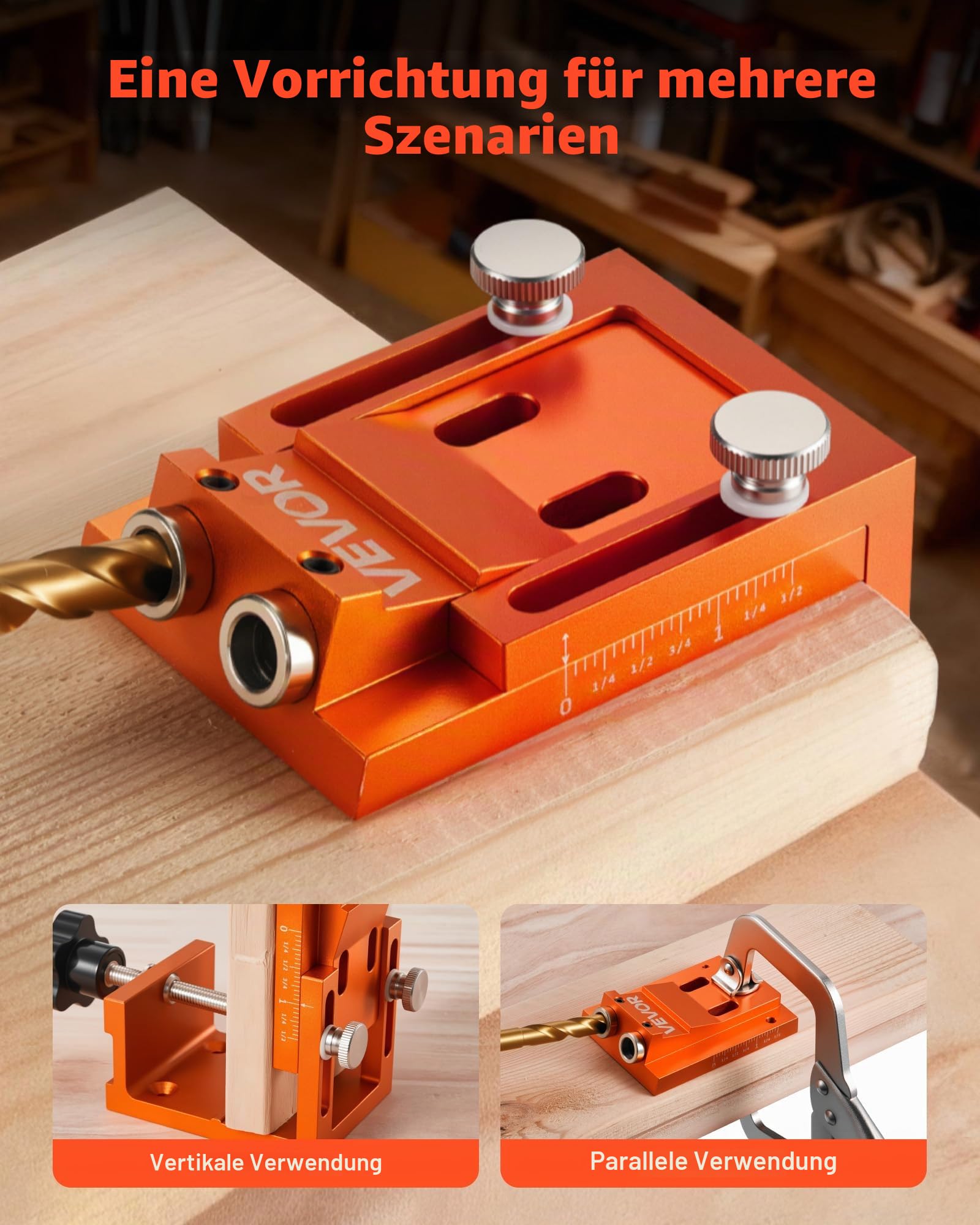 VEVOR Pocket Hole Jig Set Taschenloch-Vorrichtungssatz 12-48 mm Vorrichtungs-Taschenlochsystem mit Stufenbohrer, Sechskantschlüssel, Bohrstoppring, Vierkant-Antriebsbit, Dübel und Schrauben