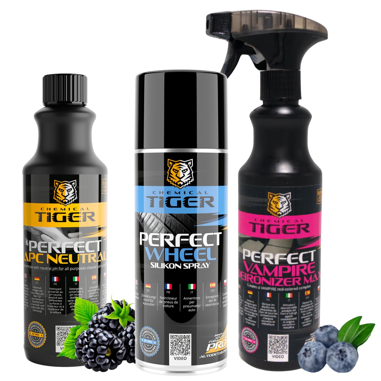 Set de Mantenimiento para Llantas y neumáticos de 3 Piezas: Limpiador de Llantas + Spray abrillantador para neumáticos + Limpiador para Interior y Exterior del Coche