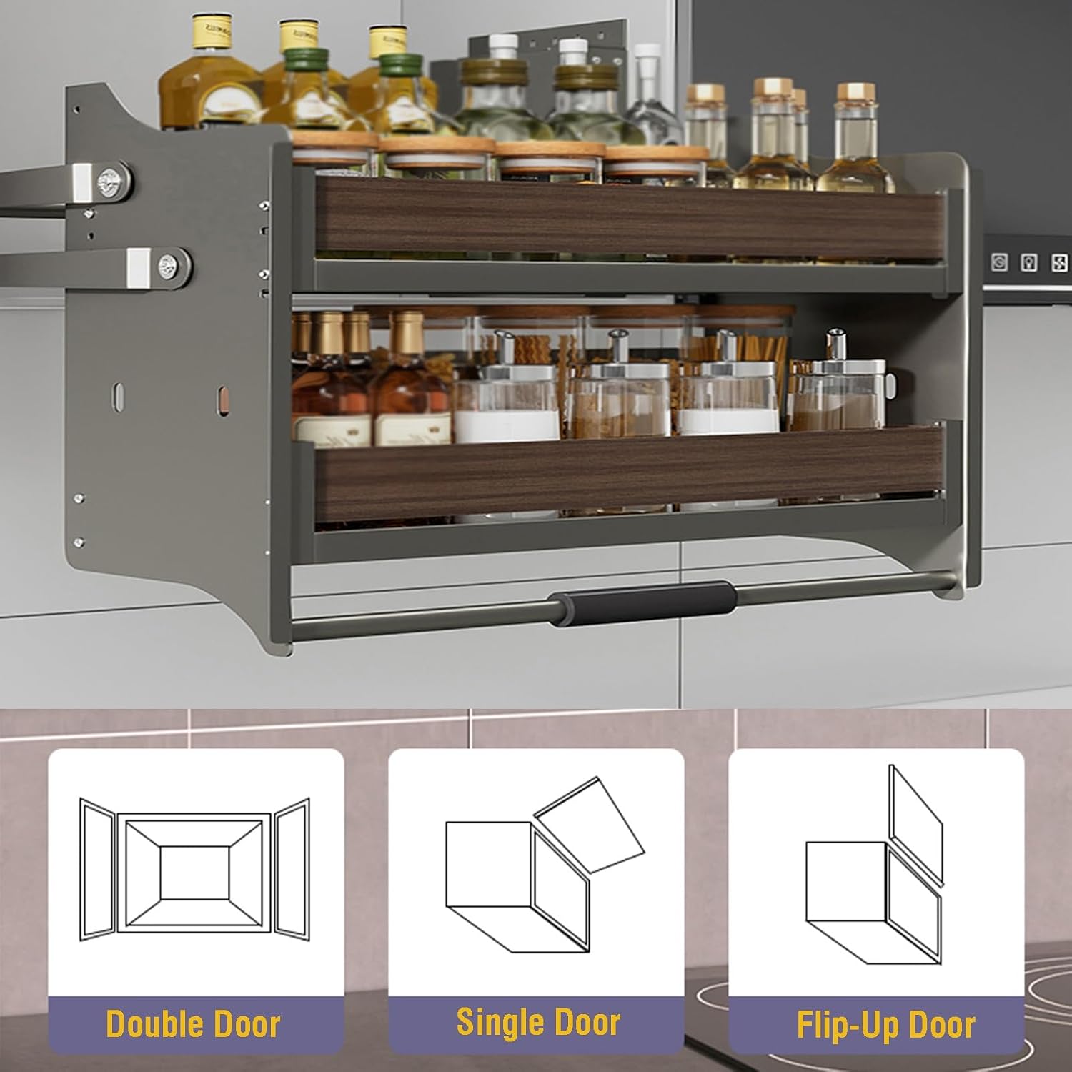 Pull-Out Cabinet Organizer Pull-Down ShelvesHeavy-Duty 2-Tier Wall Storage,Spice Rack,Space Saving for Home Wall Cabinet(850mm)