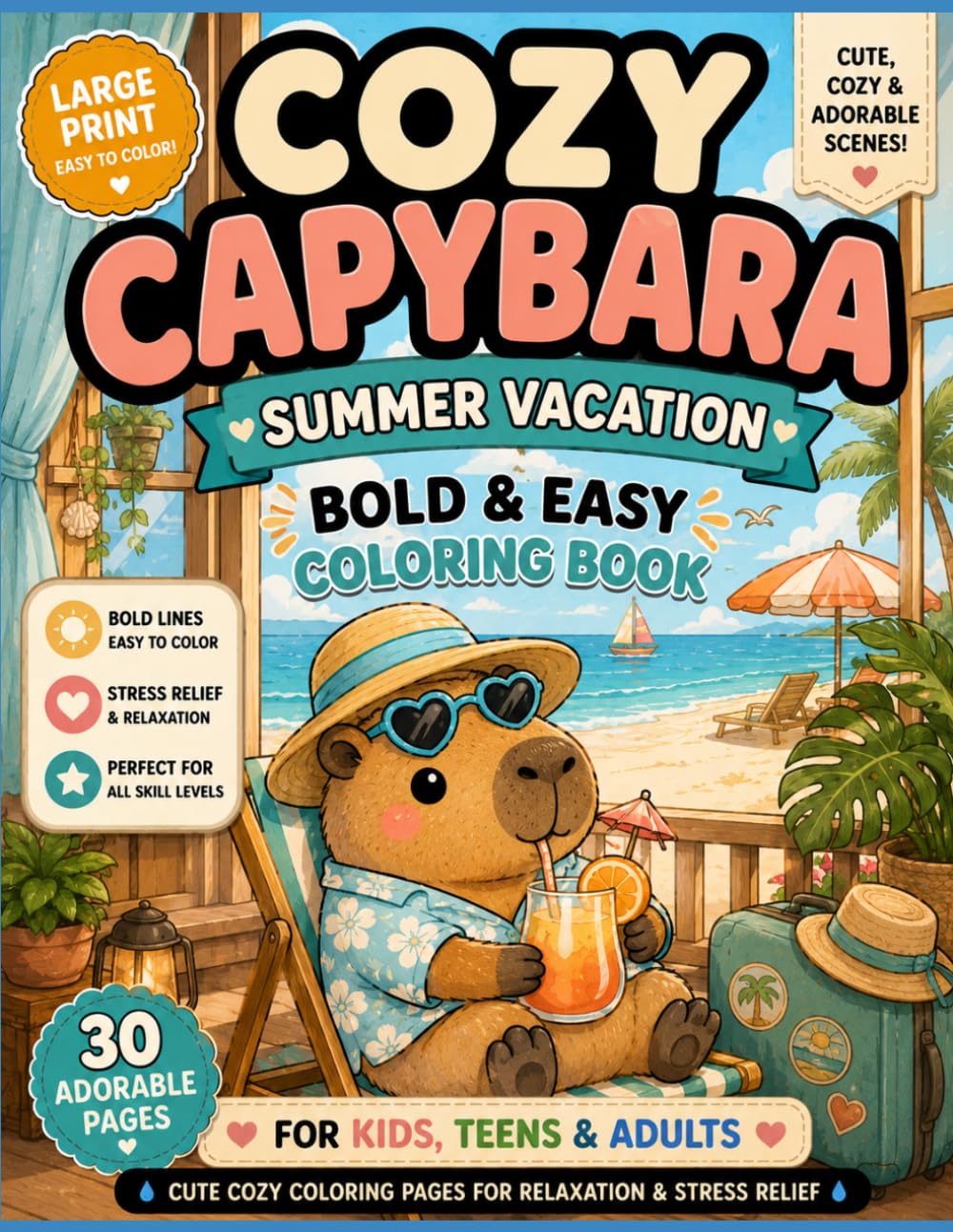 Cozy Capybara Summer Vacation: Bold & Easy Coloring Book for Kids, Teens & Adults | Cute Cozy Summer Vacation Scenes for Relaxation, Stress Relief and Mindfulness (Cozy Capybara Coloring Book)