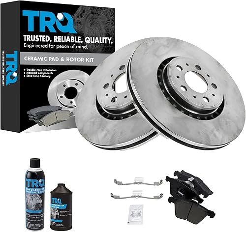 TRQ Kit de pastillas de freno delantero y rotor, kit químico de freno, pastillas de freno de cerámica compatible con Volvo XC90 2003-2009