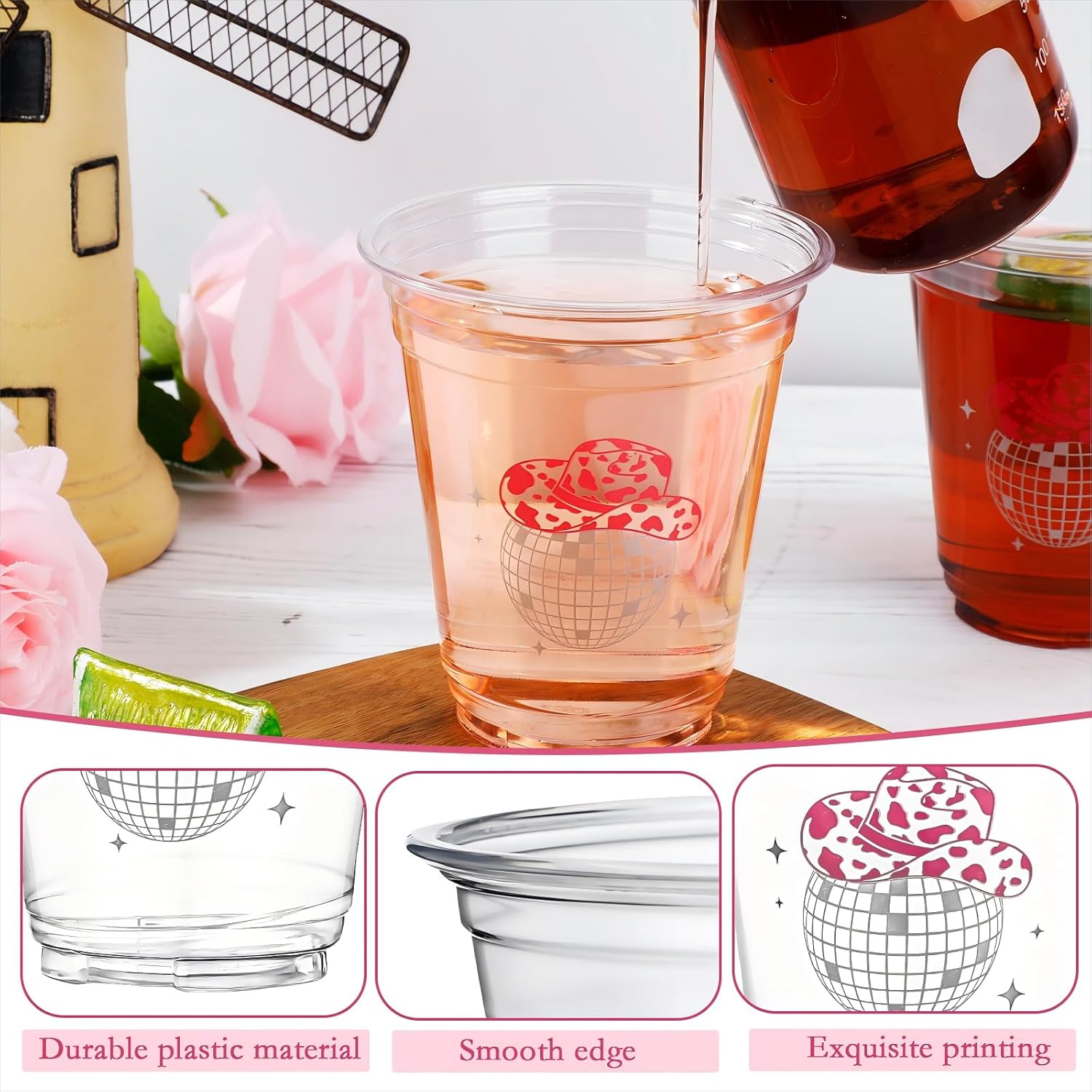 Sliner 100 Pcs Pink Disco Cowgirl Plastic Cups Bachelorette Party Decorations 12 oz Disposable Clear Disco Ball Cups for Bachelorette Birthday Wedding 70s 80s 90s Party