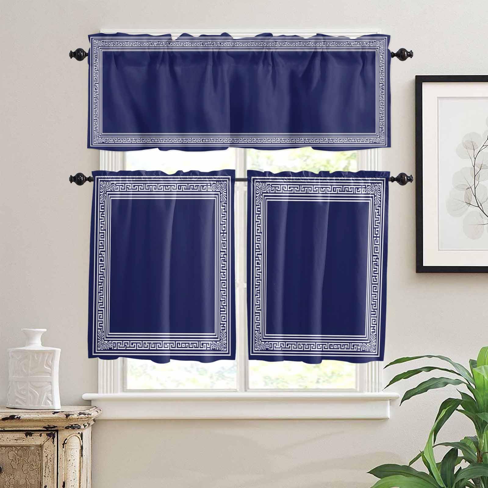 Navy Blue Geometric Kitchen Curtains 24 Inch Length, 3 Piece Rod Pocket Small Half Tiers and Valance Set, White Greek Key Farmhouse Small Large Window Treatment Decor for Bedroom/Bathroom Sink