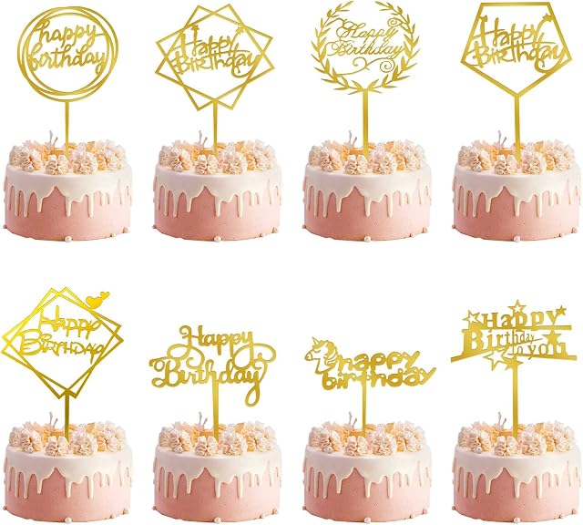 OWill 8 Pcs Happy Birthday Cake Toppers Acrylic Cake Toppers Cake Decoration Party Supplies for Children or Adults Various Cupcake Topper (Gold)
