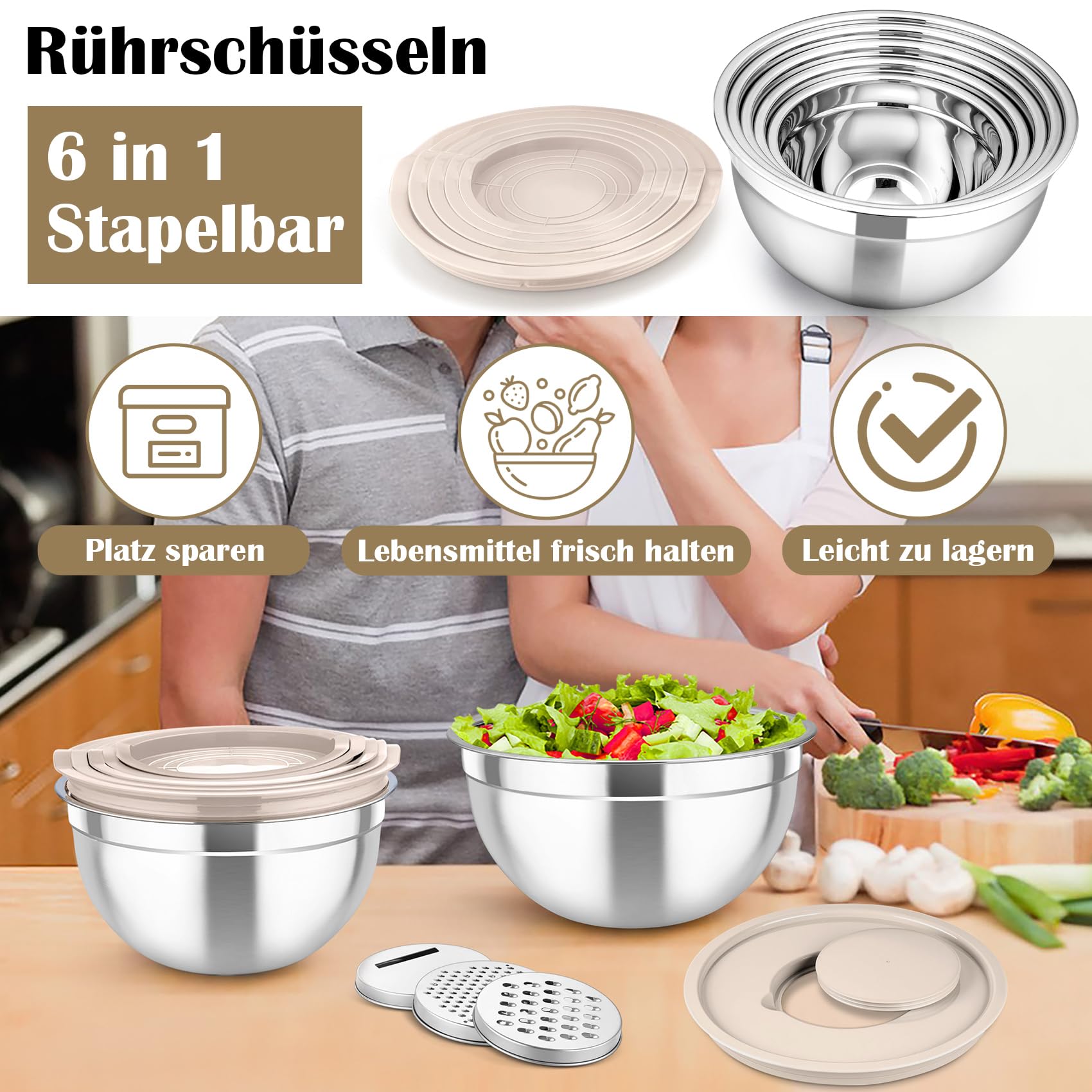 TEAMFAR Juego de 6 cuencos de acero inoxidable con tapa, color caqui | Ensaladera para cocina, 3 cabezales ralladores y tapa hermética, apilable, apto para lavavajillas, 4,6/2,8/2,5/1,6/1,2/0,7 l
