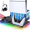 PS5SlimPro Cooling Stand for PlayStation 5 DiscDigital with RGB Light,Accessories Dual Controller Charger Station with 3 Levels Cooling Fan, Headset Holder,15 Game Slots