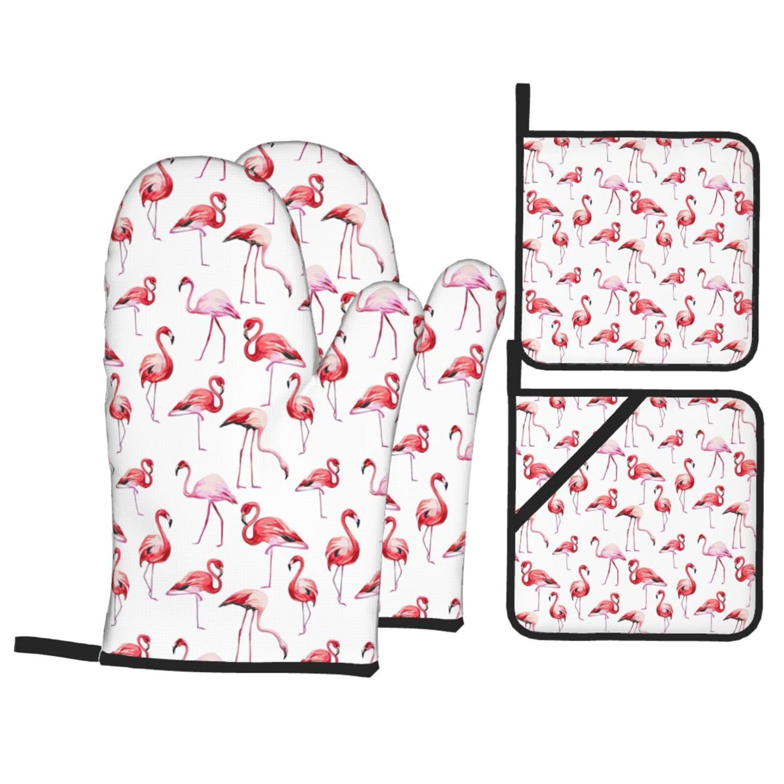 Painting Flamingo Print 4-Piece Heat-Resistant Oven Waterproof Kitchen Gloves Cooking Roasting Essential