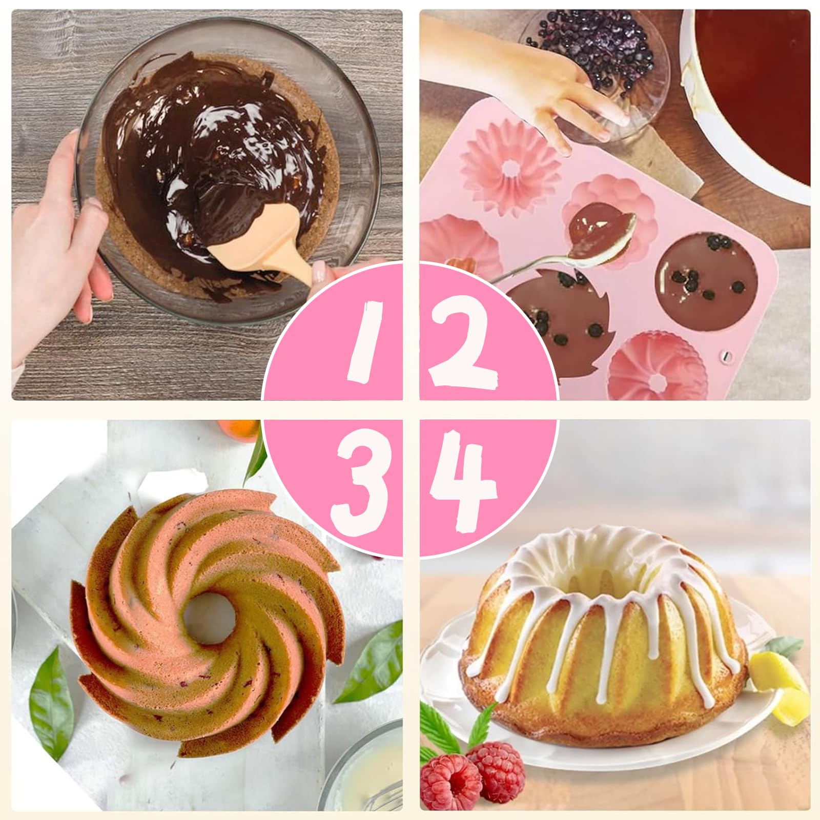 2 x silikonowa forma do pieczenia Kouglof, 6 różnych kształtów, wzór rowków, silikonowa forma do pieczenia ciast, deserów, czekolady, galaretki (różowa, niebieska)