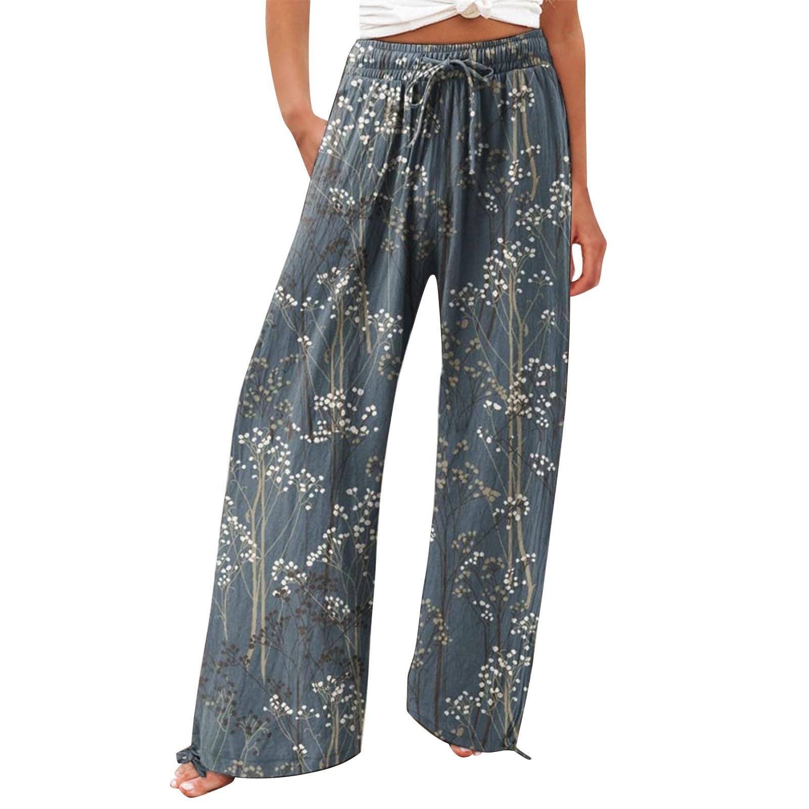 Cyber of Monday Deals 2024 Teacher Pants Women Wide Leg Linen Pants High Waist Colorful Floral Floral Print
