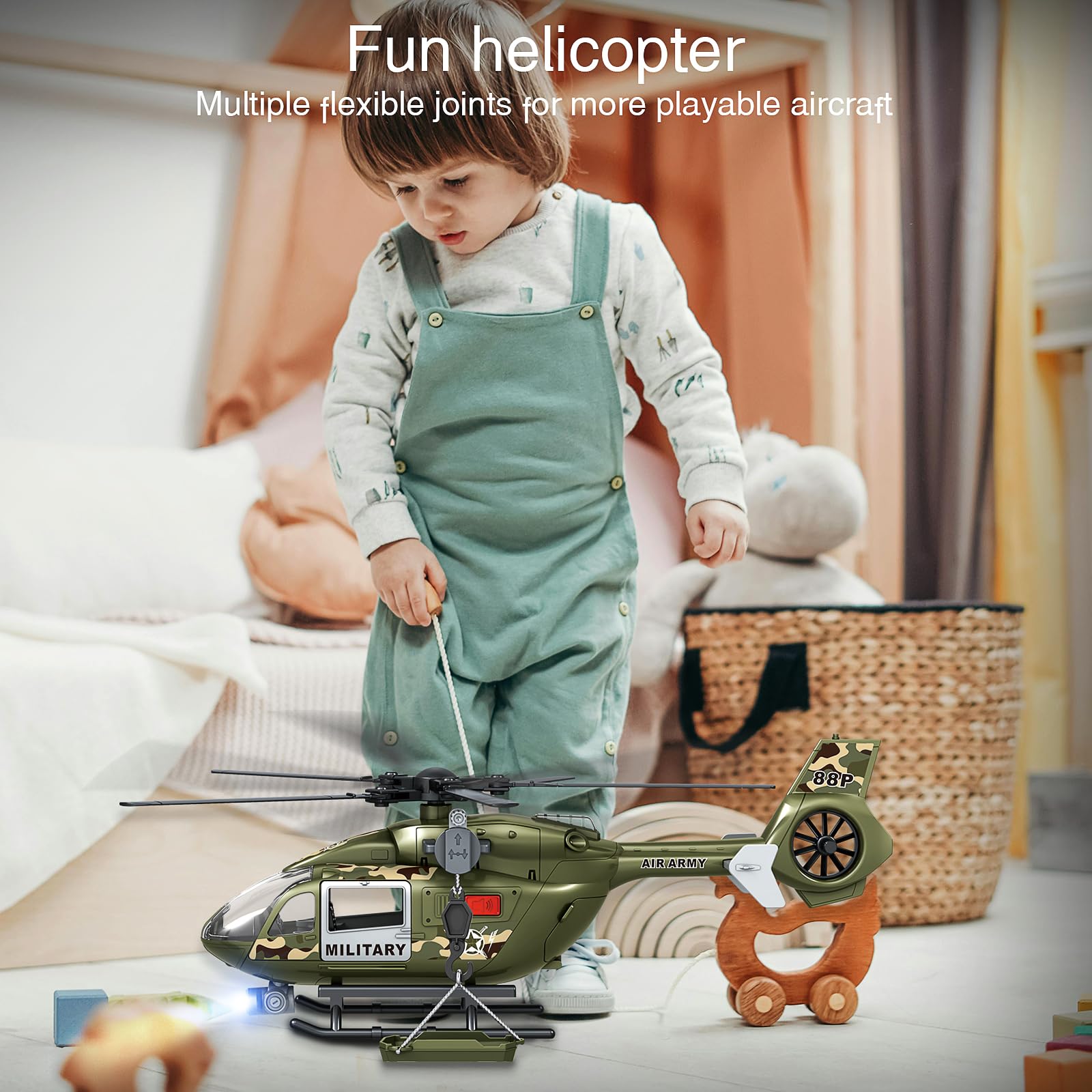 Grünes Militärspielzeug mit großem Hubschrauber, Lichtern und Geräuschen, Geschenk für 3-6 Jahre Jungen und Mädchen