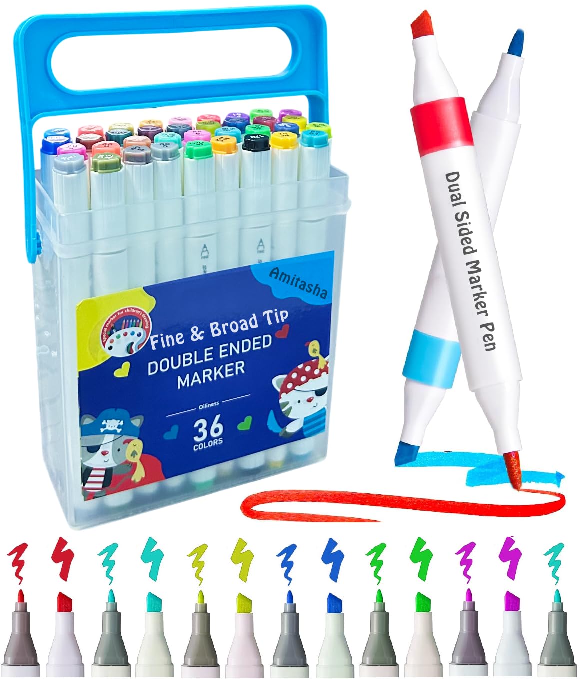 Amitasha 36 Colors Dual Tip Art Marker Set Fine & Chisel Tip Sketching Drawing Markers Animation Calligraphy for Adults Kids Educational Gift
