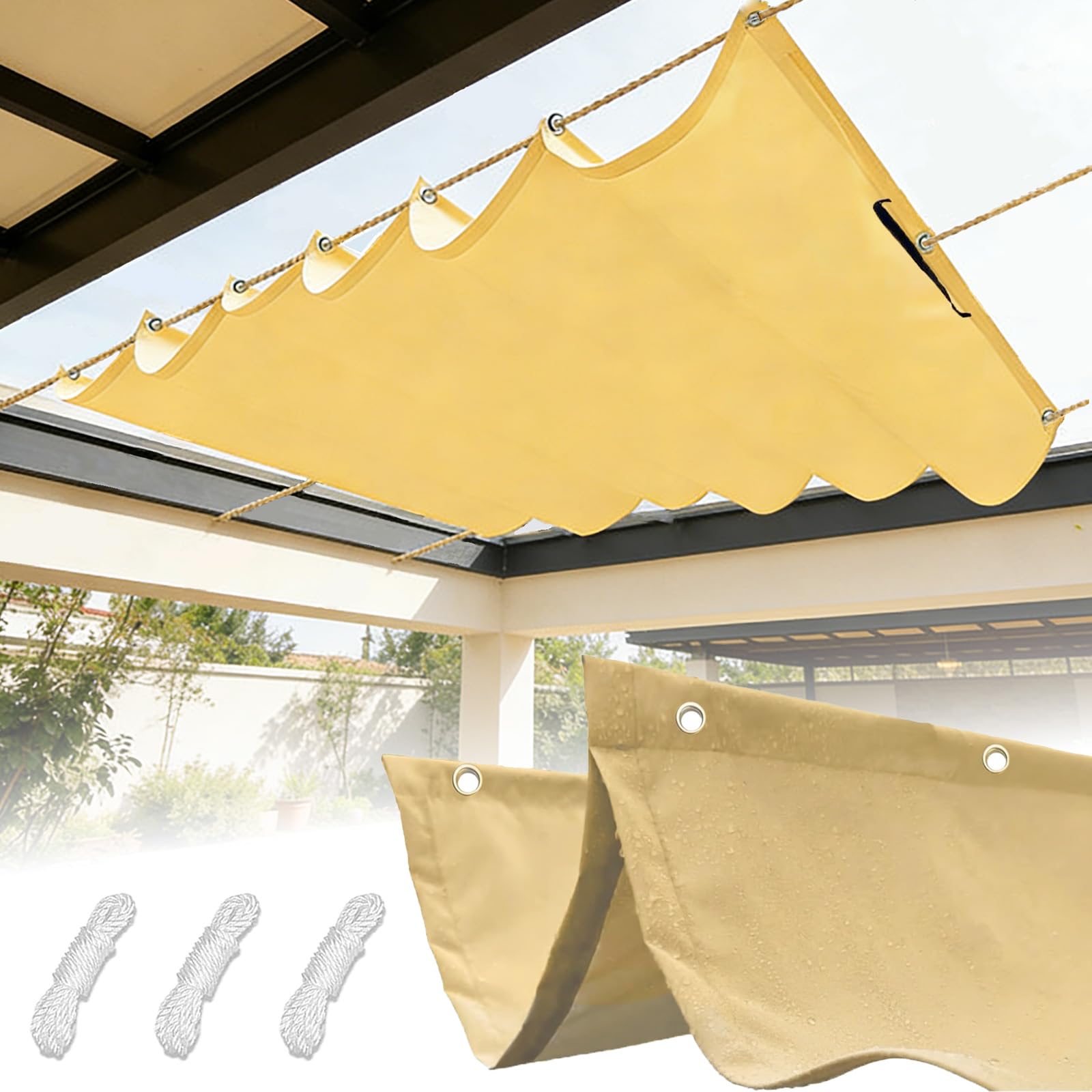 Retractable Wave Sun Shade Sail with Eyelets and Rope, Waterproof Rectangle Garden Canopy, Uv Block Tearproof Patio Awning for Outdoor-Beige||60x200cm(24x79in)