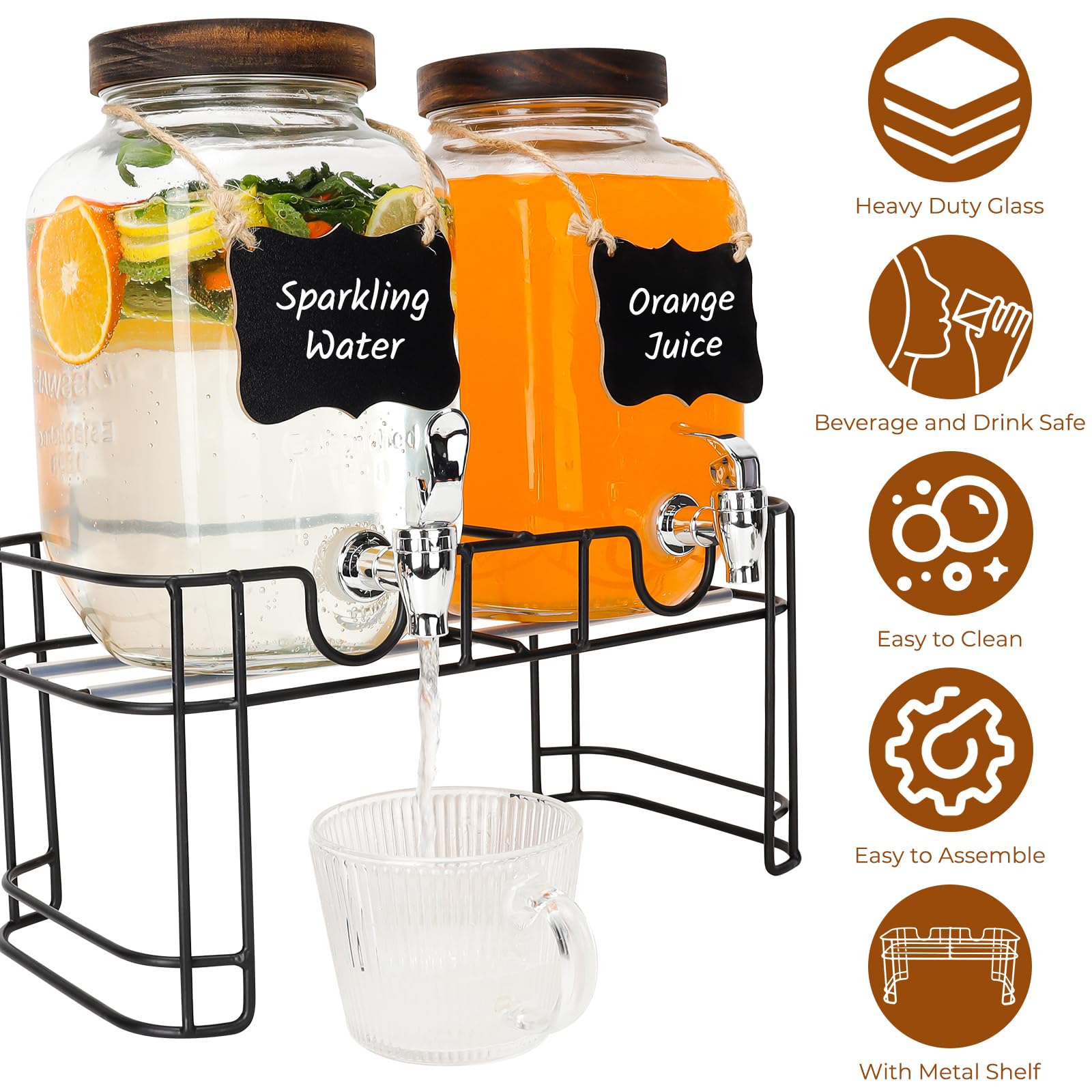 Dispensadores de bebidas de vidrio de 1 galón, paquete de 2 dispensadores de bebidas transparentes con soporte y espiga para fiestas, dispensador de bebidas con núcleo de hielo y calcomanía