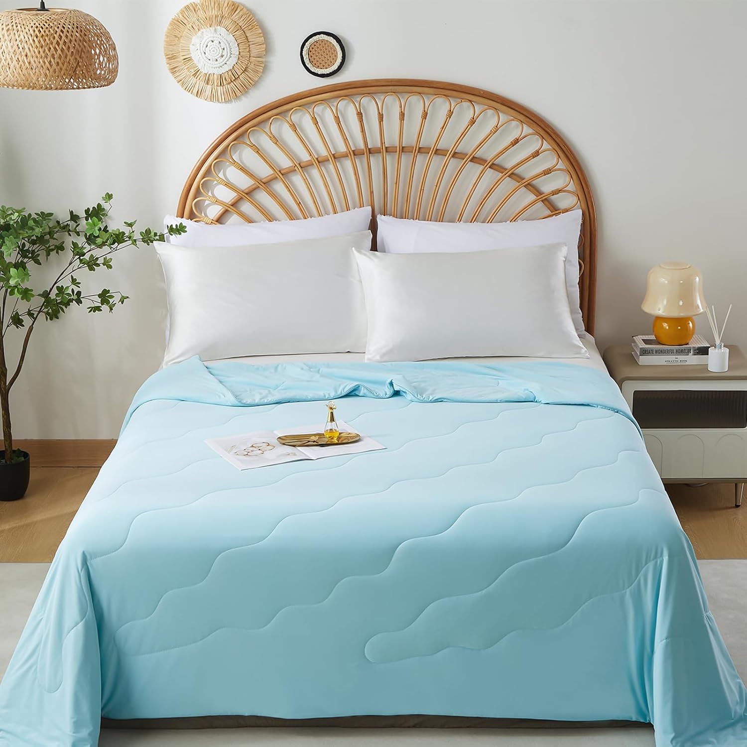 MorroMorn Cooling Comforter Queen Size, Cooling Blankets for Hot Sleepers and Night Sweats, All Season Bedding Breathable Lightweight Quilt Silk Smooth Cold Soft, 90x90 Inches, Ice Blue