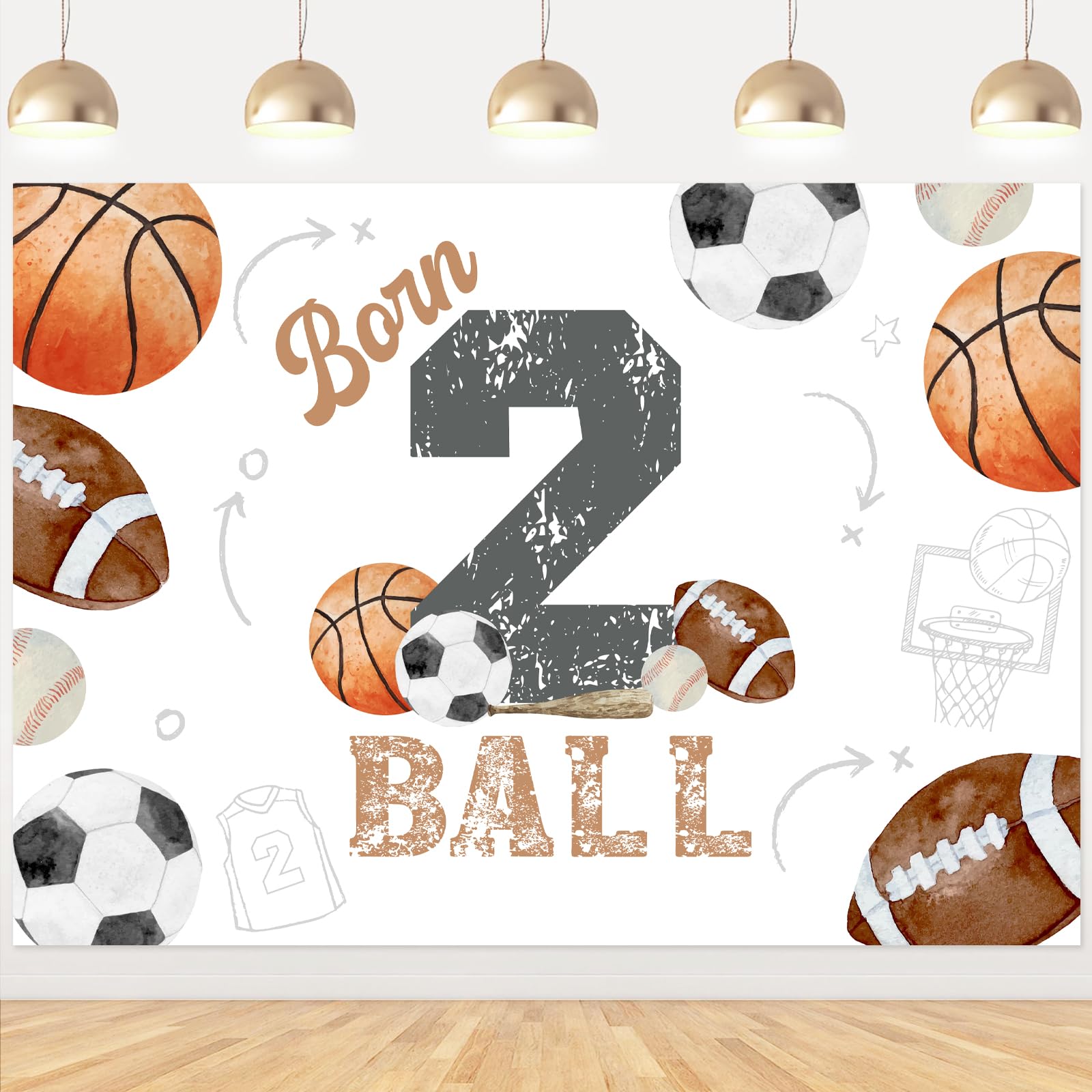 Balterever 5 * 7ft Born Two Ball Birthday Backdrop Decorations Sports Theme 2nd Birthday Party Decorations with Born 2 Ball Birthday Backdrop Banner