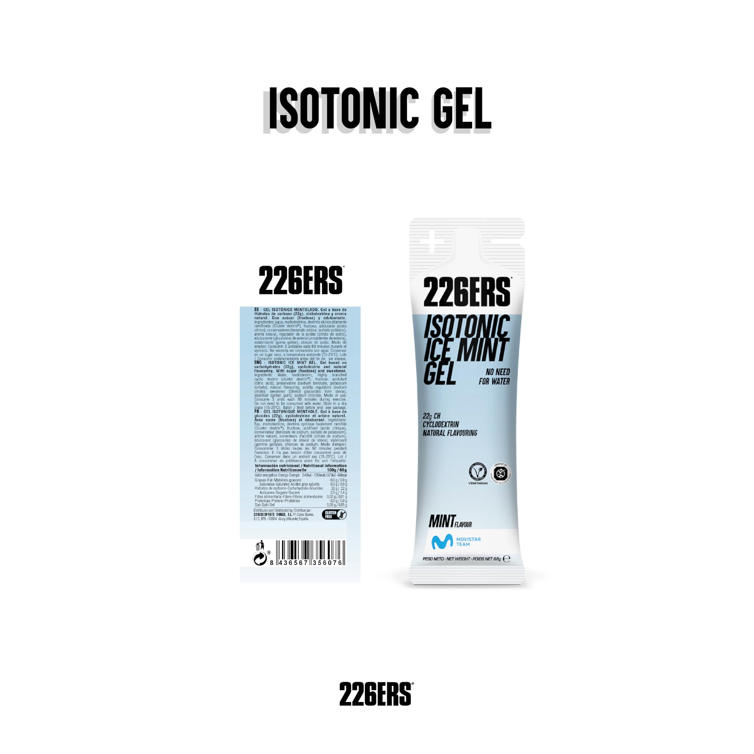 226ERS Isotonic Gel | Gel Enérgetico Isotónico Vegano con 22 g de Ciclodextrina como Hidrato, Mentolado, Sin Gluten, Menta - 1 gel