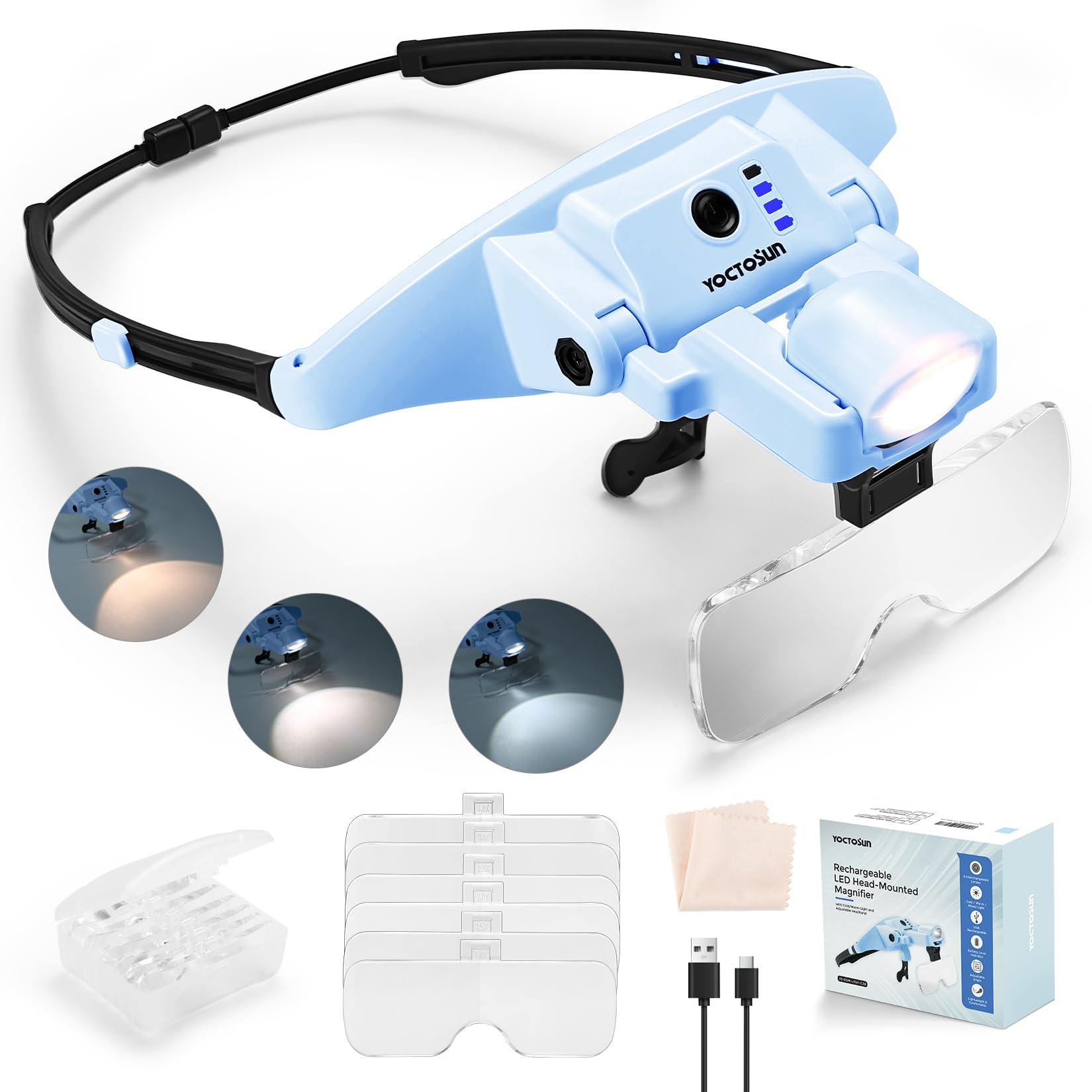 YOCTOSUN Rechargeable Headband Magnifier with 6 Lenses 1.0X–4.0X, Hands-Free LED Head Magnifying Visor with 3 Light Colors, Magnifying Glasses for Close Work, Crafts, Sewing, Jewelry