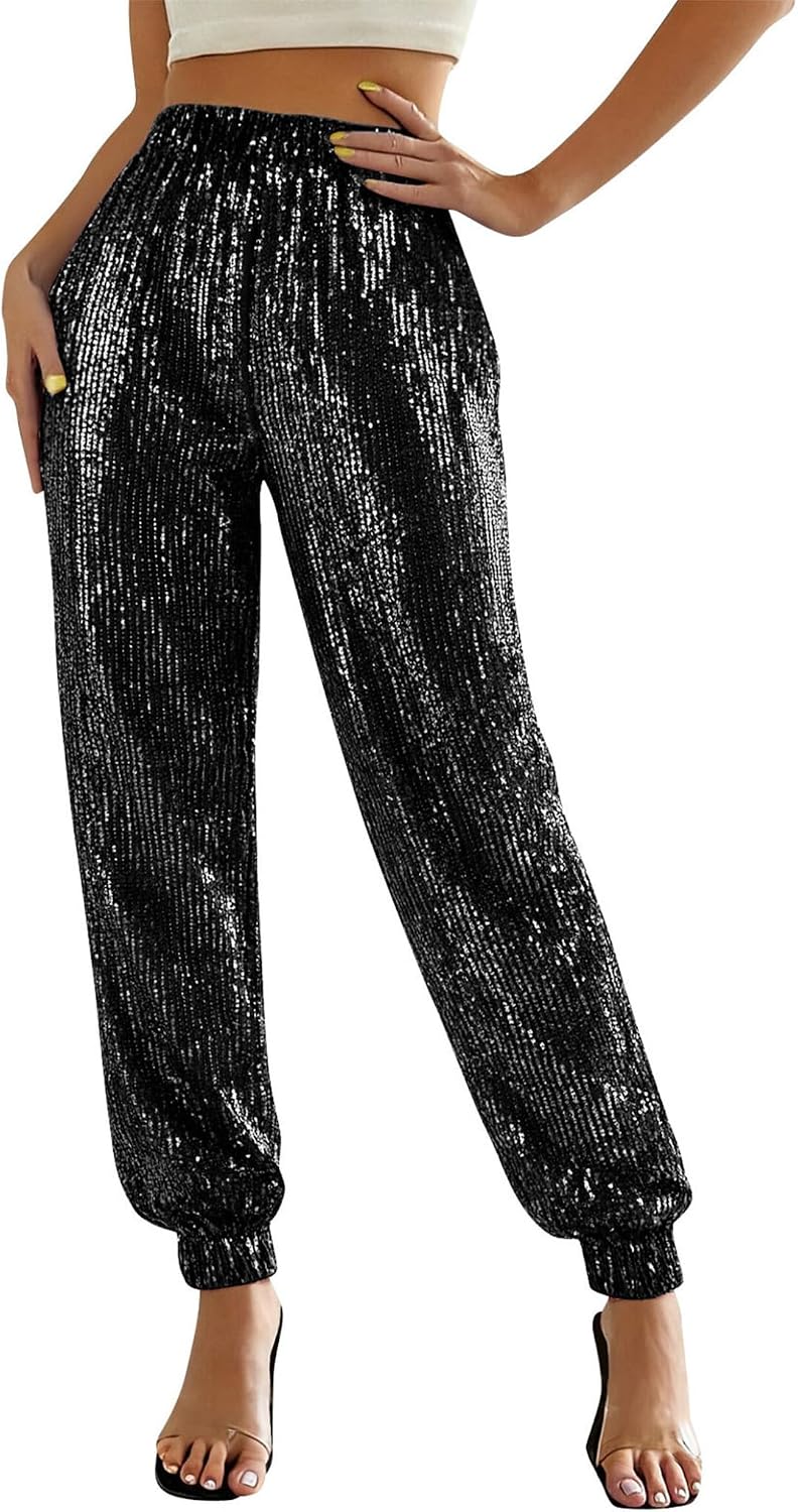 Womens Casual Sparkly Sequin Pants Elegant High Waist Glitter Joggers for Party Club Night Out Evening Dress