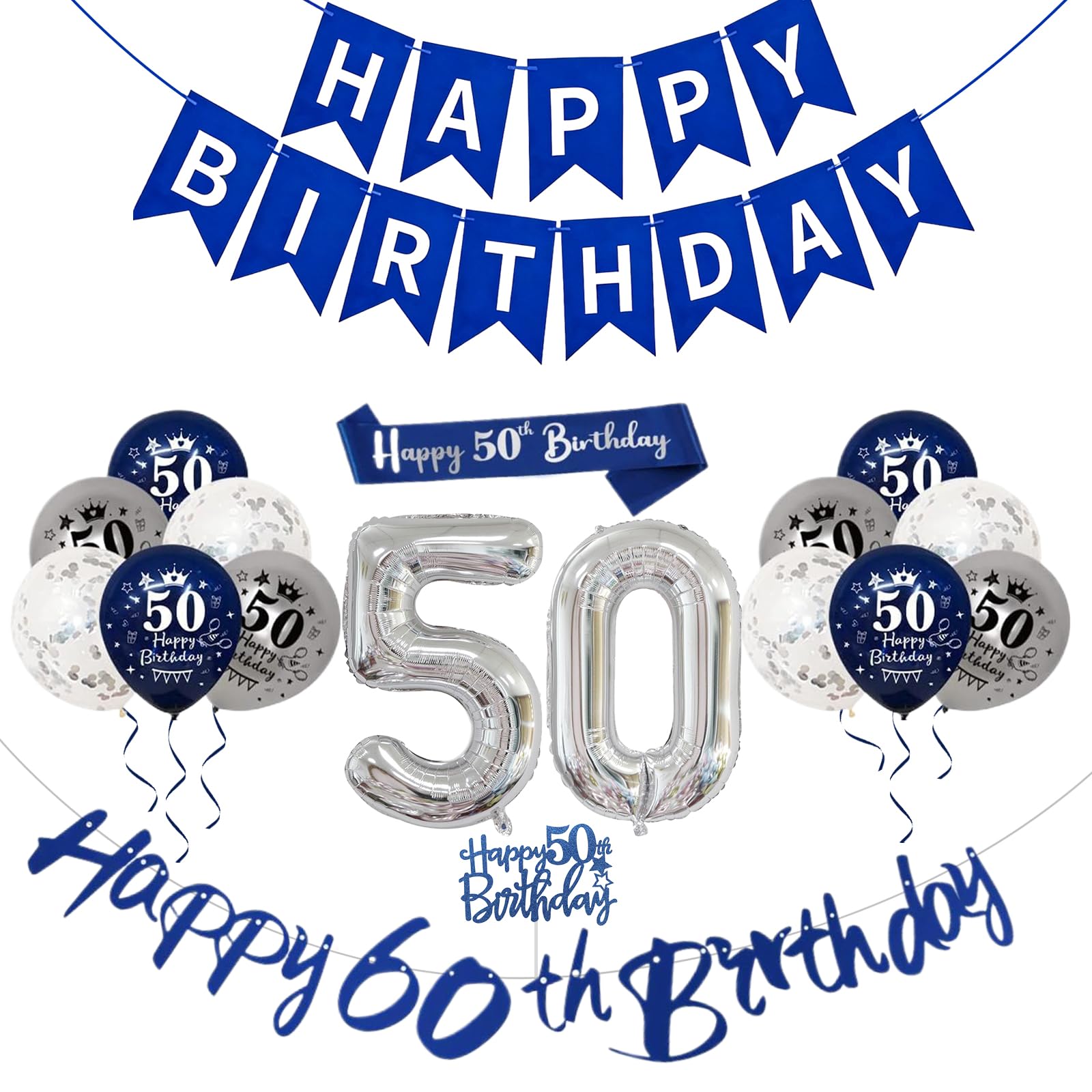 Iridsmole 50th Birthday Decorations, Blue Silver Happy 50th Birthday Banner, Number 50 Balloons with Cake Toppers Sash, Blue Silver Banner Decoration for Men 50th Party Decorations