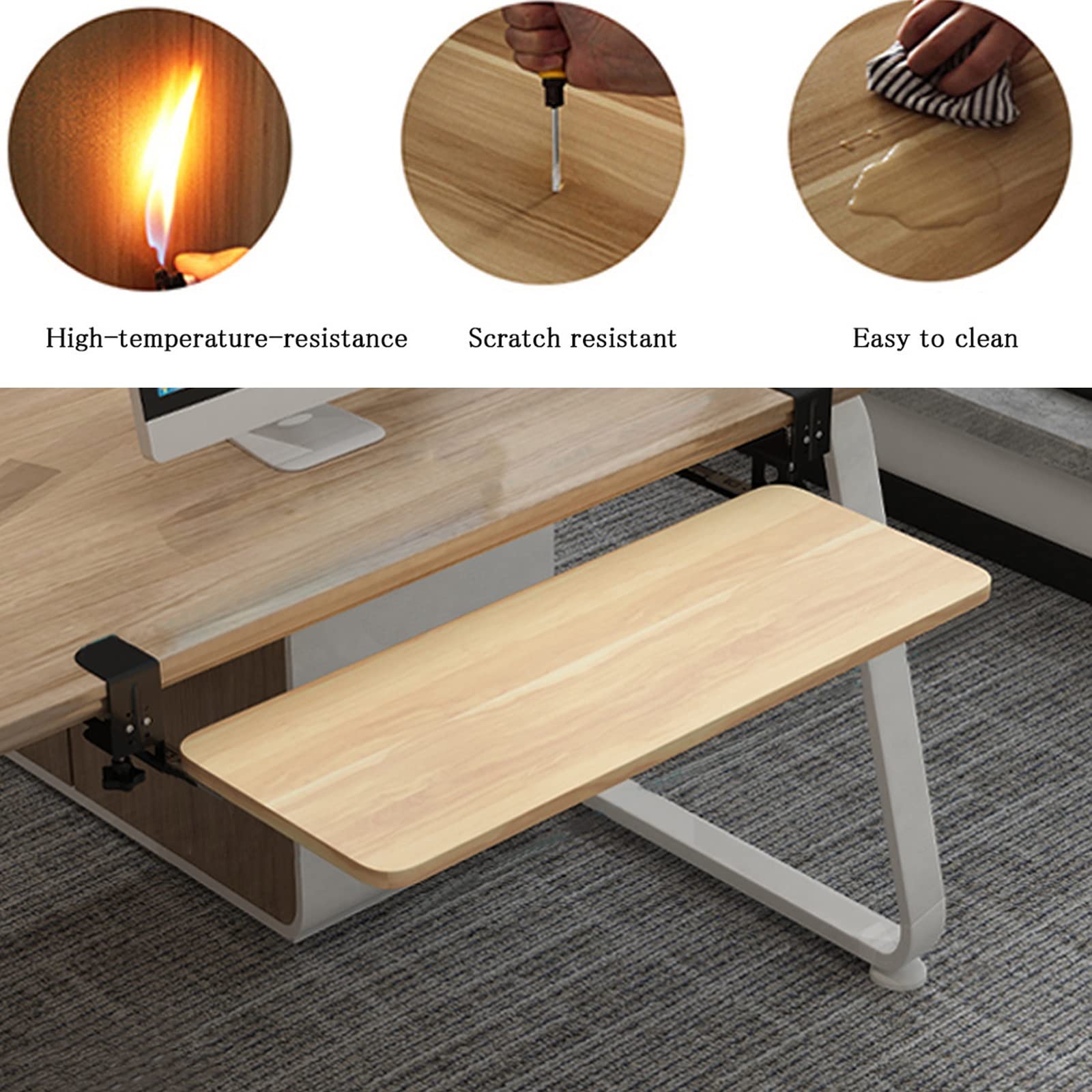 Ergonomiczna drewniana szuflada na klawiaturę z regulowaną wysokością i zaciskiem na podkładce pod klawiaturę, na biurko, 4 kolory, idealna do domu, biura, szkoły, pisania, gier, wykończenie orzechowe
