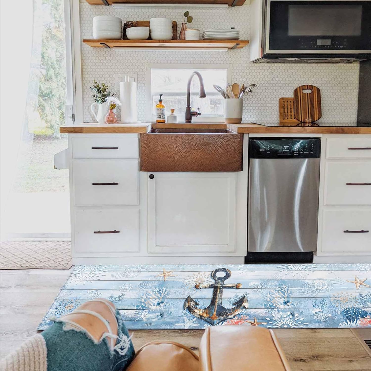 2 Pieces Kitchen Rugs and Mats,Nautical Shabby Anchor Starfish Coral Area Runner Rug Set Non Slip Floor Doormat Washable Carpet Standing Mat for Kitchen Sink Indoor Corridor,Ocean Blue Wooden Stamp