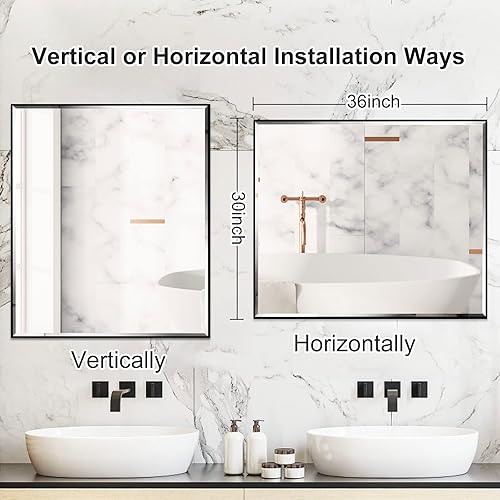 Miniatura 3 de Espejo negro de 30 x 36 pulgadas con borde biselado, espejo de tocador de baño con marco de aluminio, espejo sin cobre, espejo rectangular para