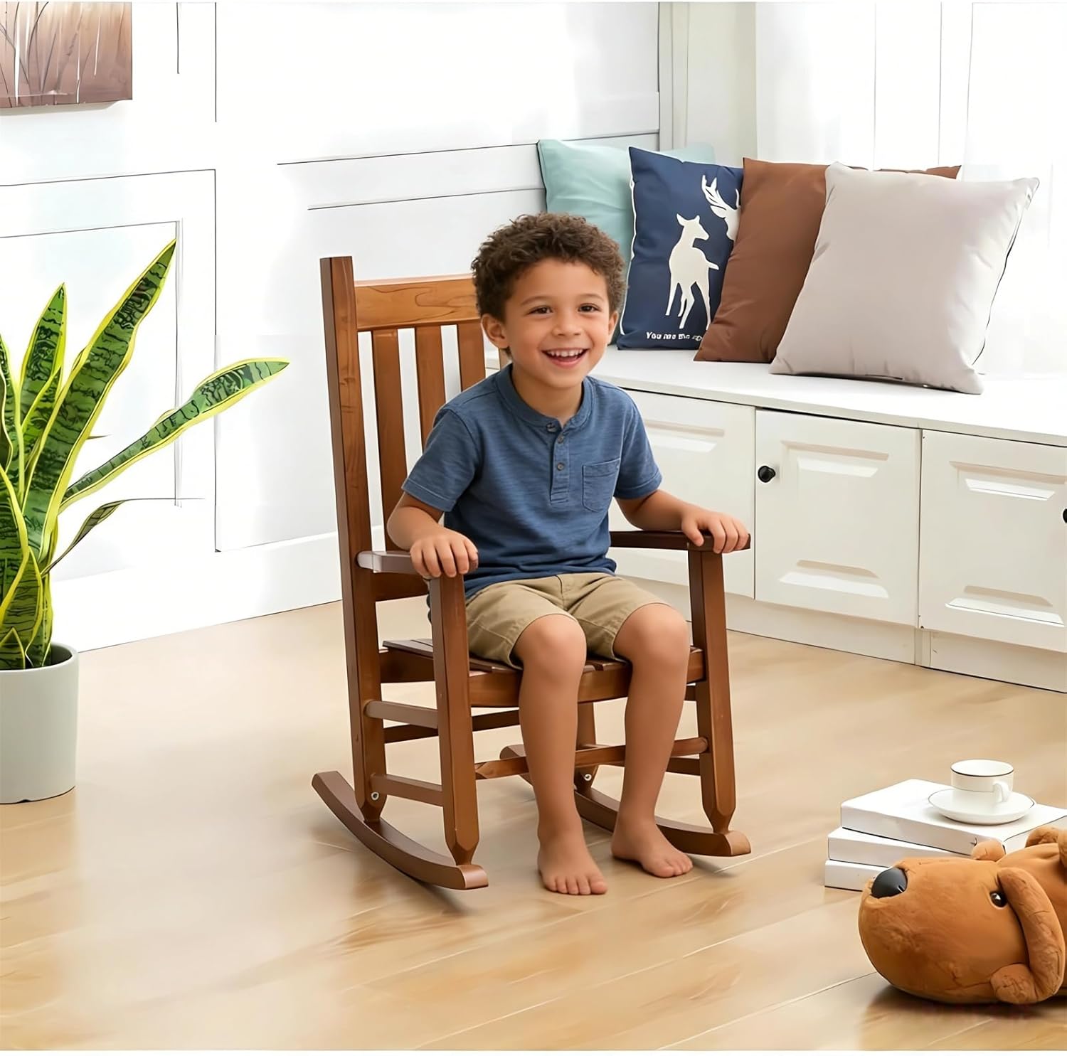 Kids Rocking Chair for Toddler & Children Comfy Recliner Wooden Rocker for Baby Girls Outdoor Lounge Child for Age 6-10 Indoor Anti-Tip Design Safe & Sturdy Brown