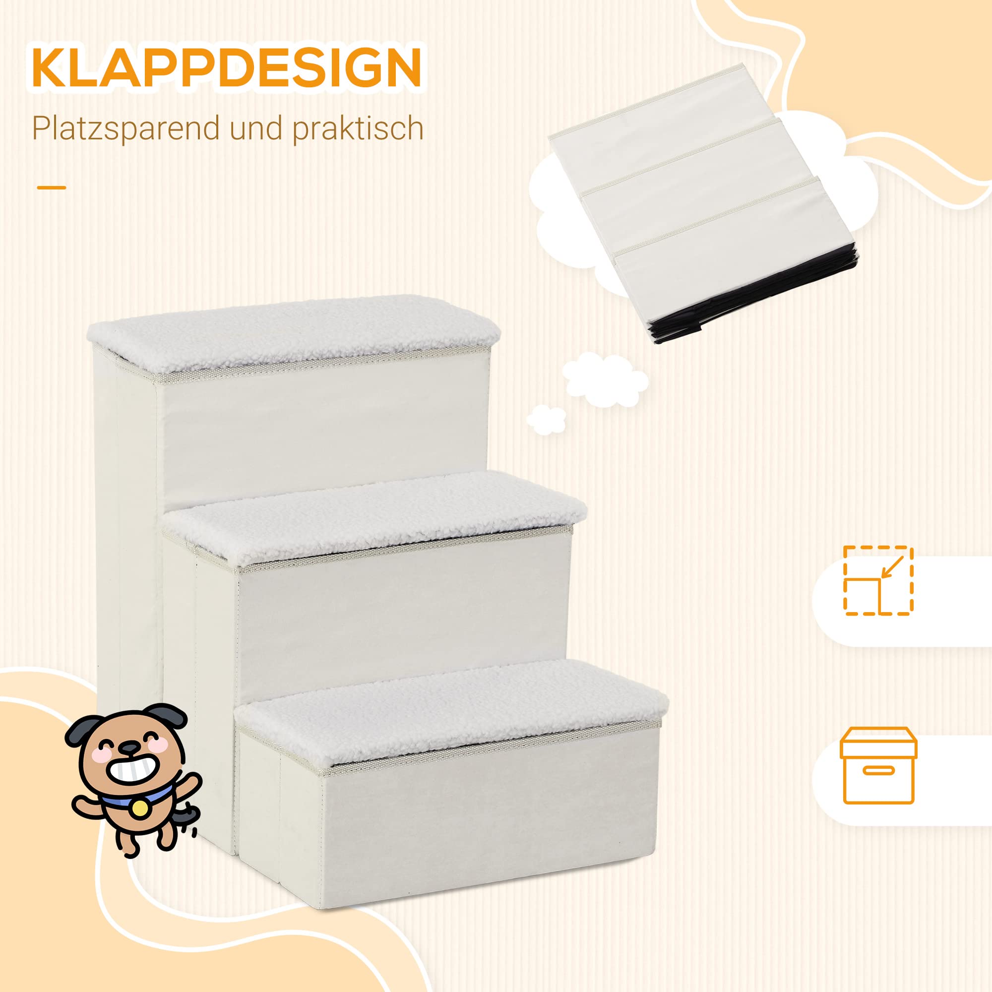 PawHut Hundetreppe 3 Stufen 48 cm Hoch für kleine und alte Tiere Weiß
