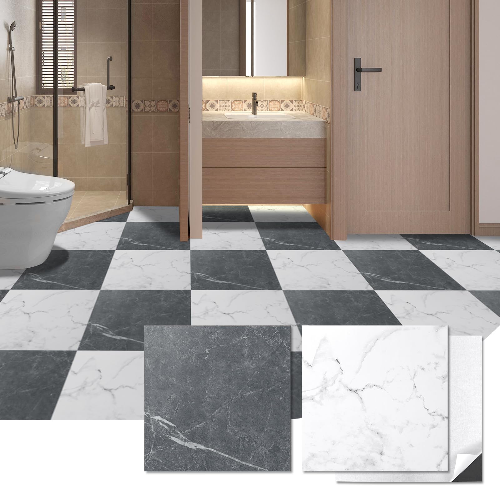 Art3d Peel and Stick Vinyl Floor Tiles 30-Pack 12 x 12 inch, Self Adhesive Waterproof Flooring Planks for Kitchen, Dining Room, Bedrooms, Cover 30 Sq. Ft, Black & White Marble (15 Tiles per Color)