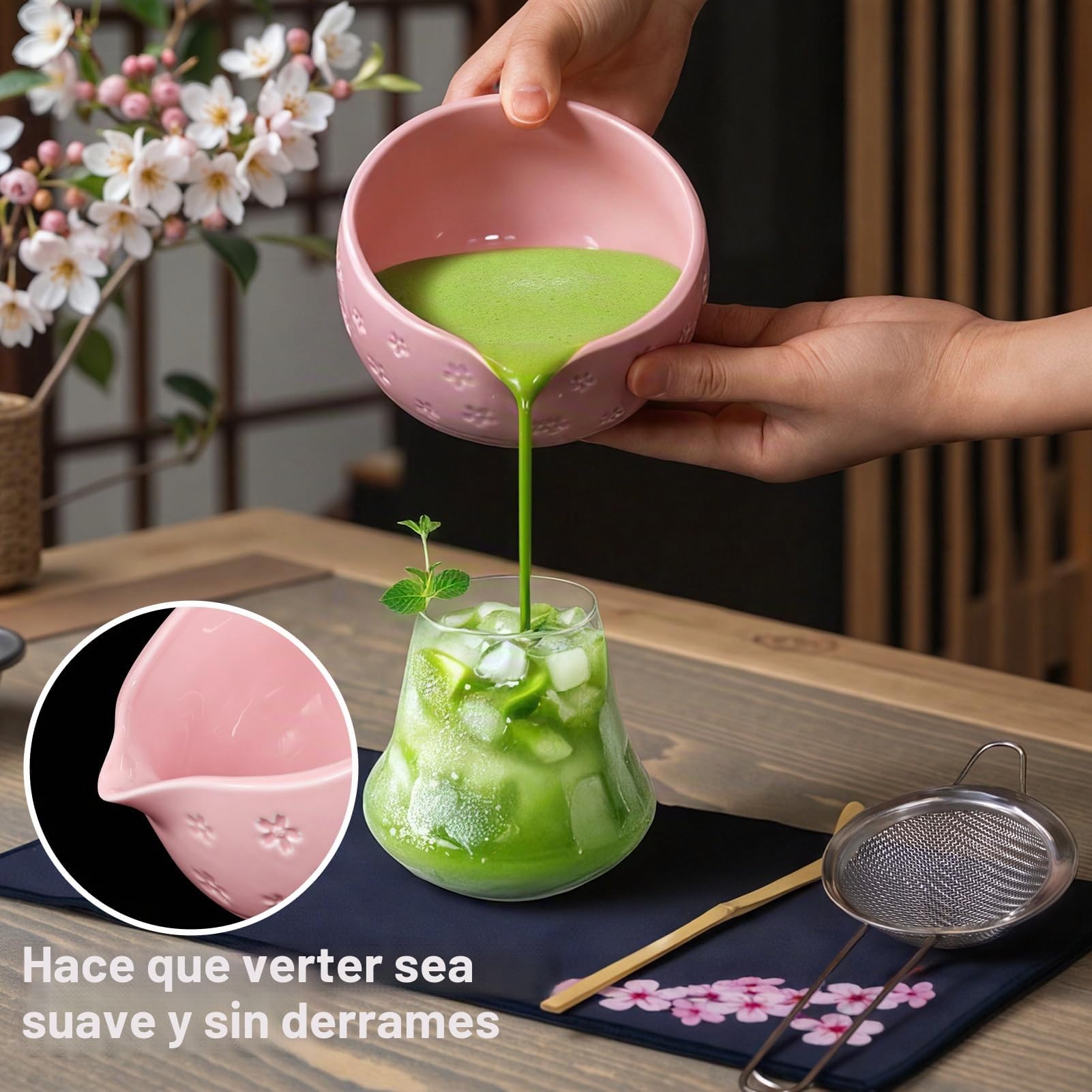 AANQQ Kit Matcha Rosa: Matcha Set 7 piezas - Cuenco de matcha con pico 560 ml - Chasen bambú matcha - Cuchara matcha y Colador de matcha Kit té matcha, Ideal para principiantes y amantes del matcha