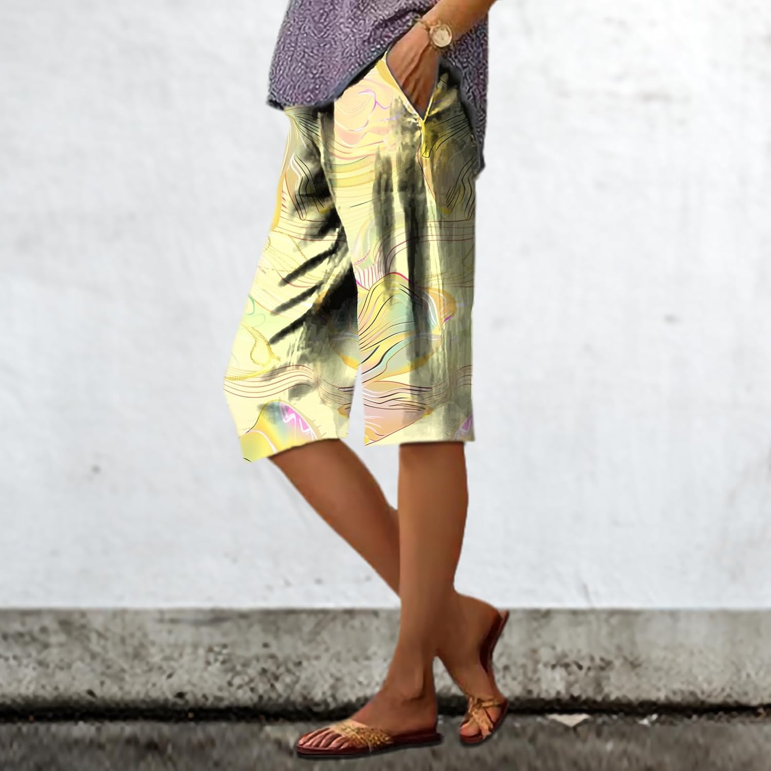 Wide Leg Shorts for Women Floral Graphic Business Casual Loose Fit Comfy Baggy High Waisted Capris Pants - Image 2