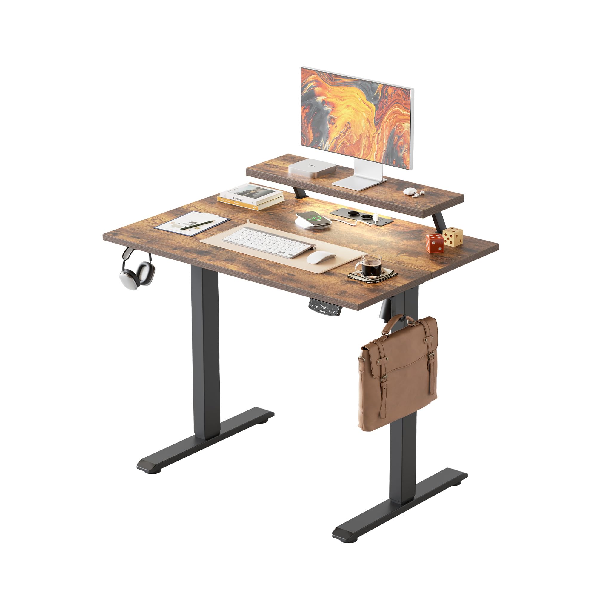 Agilestic Electric Standing Desk with Movable Monitor Stand, Height Adjustable Desk with 2 Memory Buttons, 100 x 60 cm with LED Strip Light and USB-C Port, for Home Office, Rustic Brown