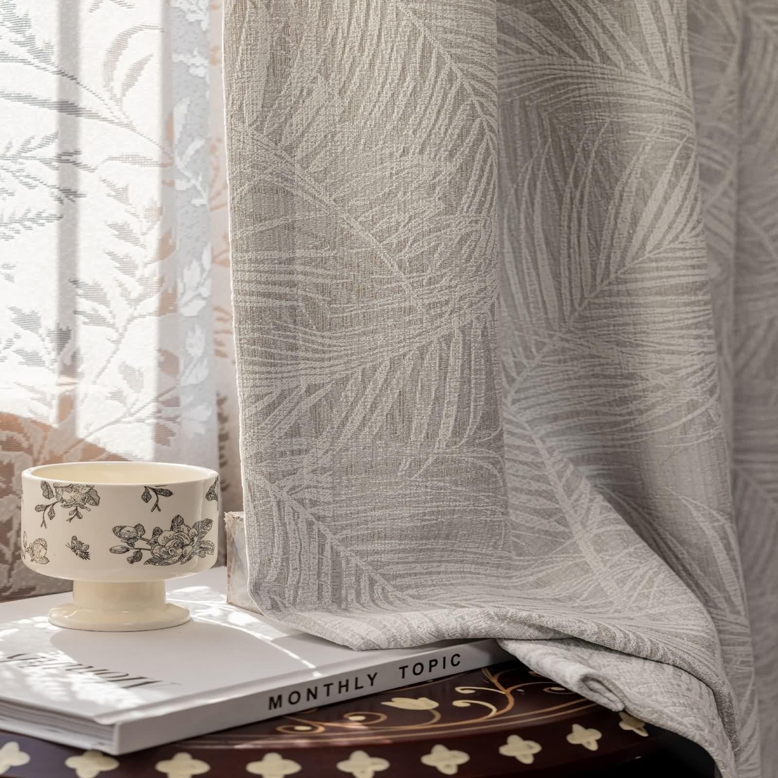 Rideau cuisine jacquard chenille gris clair occultant thermique fenetre lot de 2
