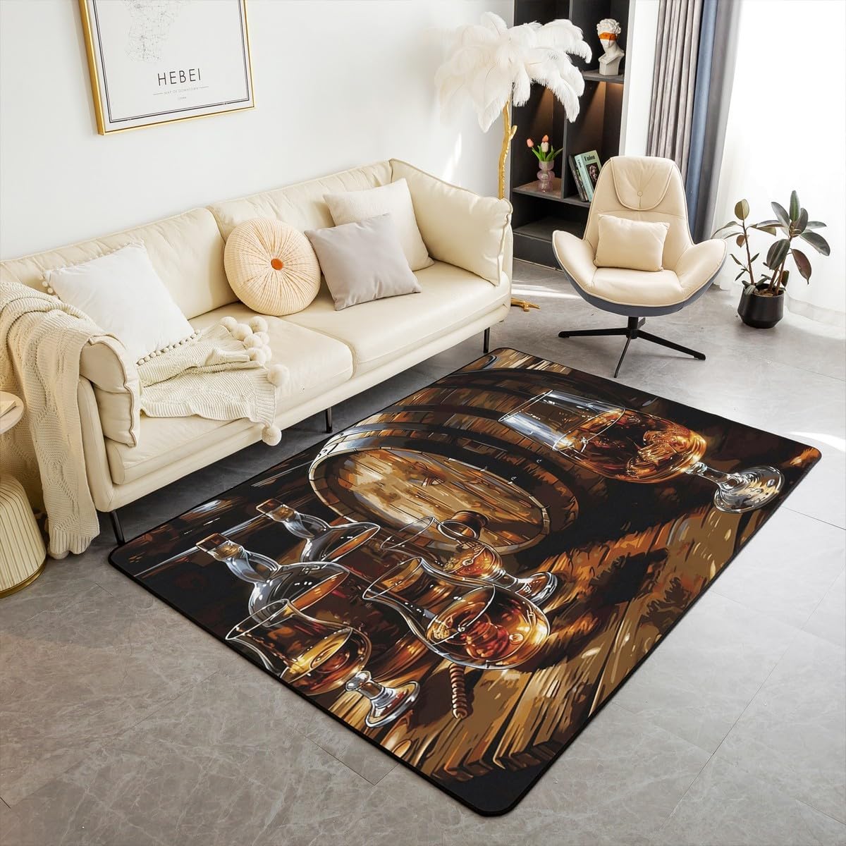 Manfei Whisky Kids Area Rug,Wooden Barrel Plank Grain Rustic Retro Indoor Floor Mat Entrance Rug,Wine Beer Glass Bar Time Non Slip Rug,Brown Black Chairs Couch Living Room Decor,5'x6'6''