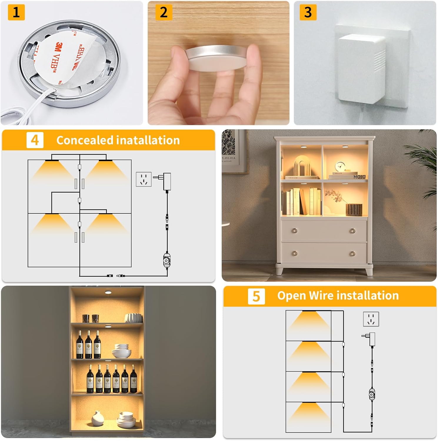 Detailed connection diagram for WOBANE LED puck lights, showing the layout of pucks, cables, dimmer switch, and power adapter with dimensions.