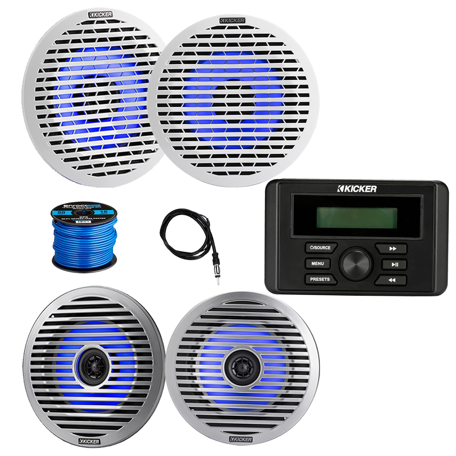 Kicker 46KMC3 Marine Gauge Style USB Bluetooth AM/FM Media Center Receiver, 4X 6.5 130 Watt Peak Thin-Mount Multicolor LED Boat Audio Speakers with 4X White Grilles, 4X Silver Grilles, Wire, Antenna