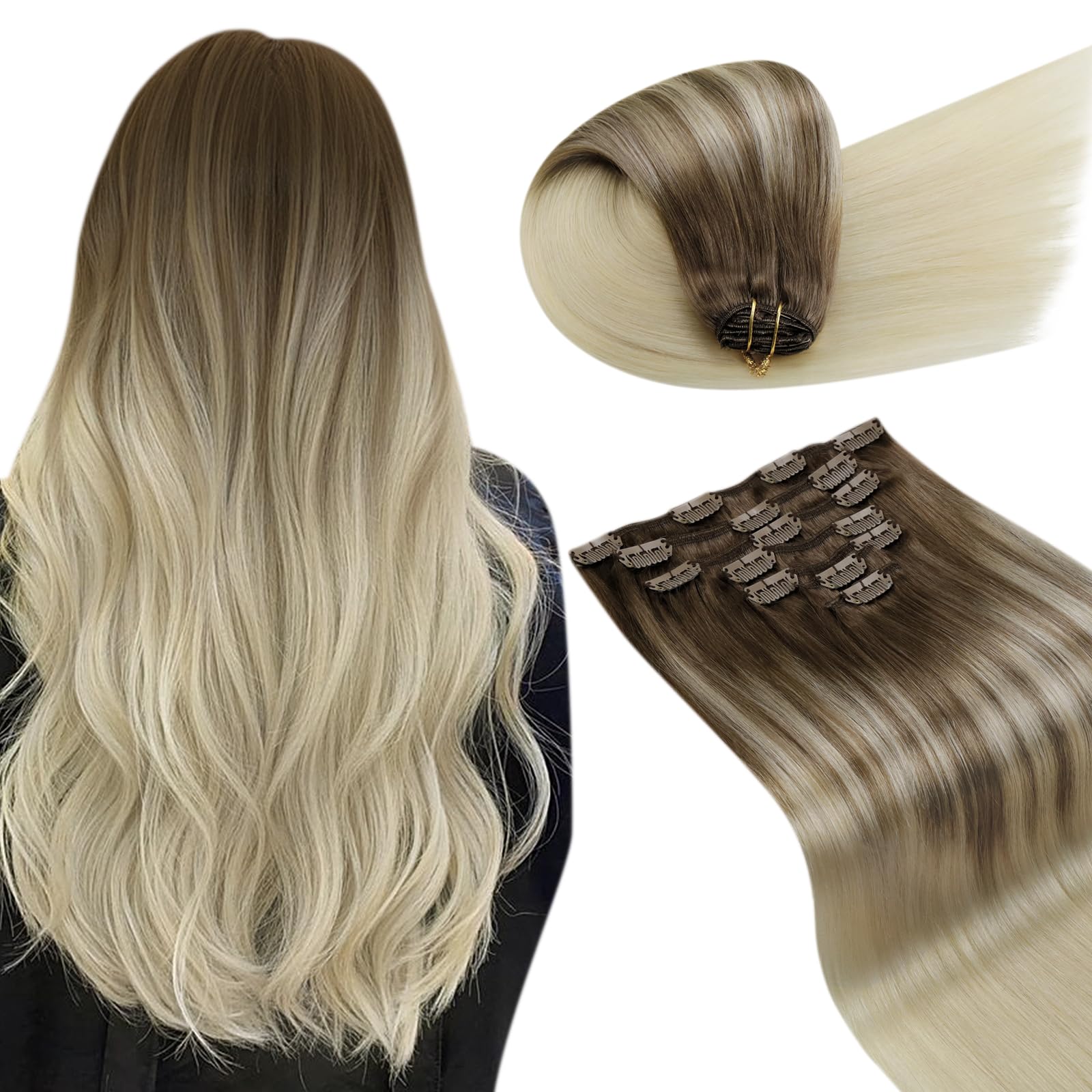 LaaVoo Human Hair Clip in Extensions 22 Inch Ombre Brown to Blonde Hair Extensions Clip ins Blonde Ombre Clip in Hair Extensions Real Human Hair