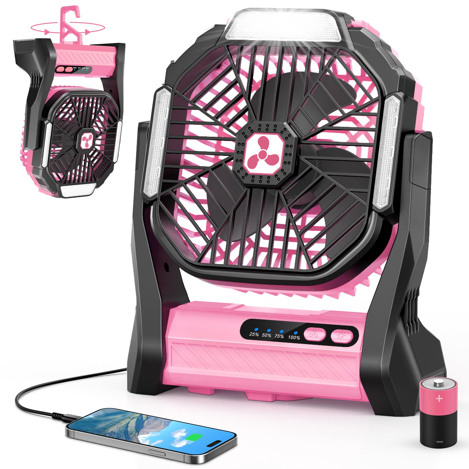Portable Rechargeable Fan 20000mAh Cordless Battery Powered Camping Tent Fans with SOS LED Lantern Small USB C Operated