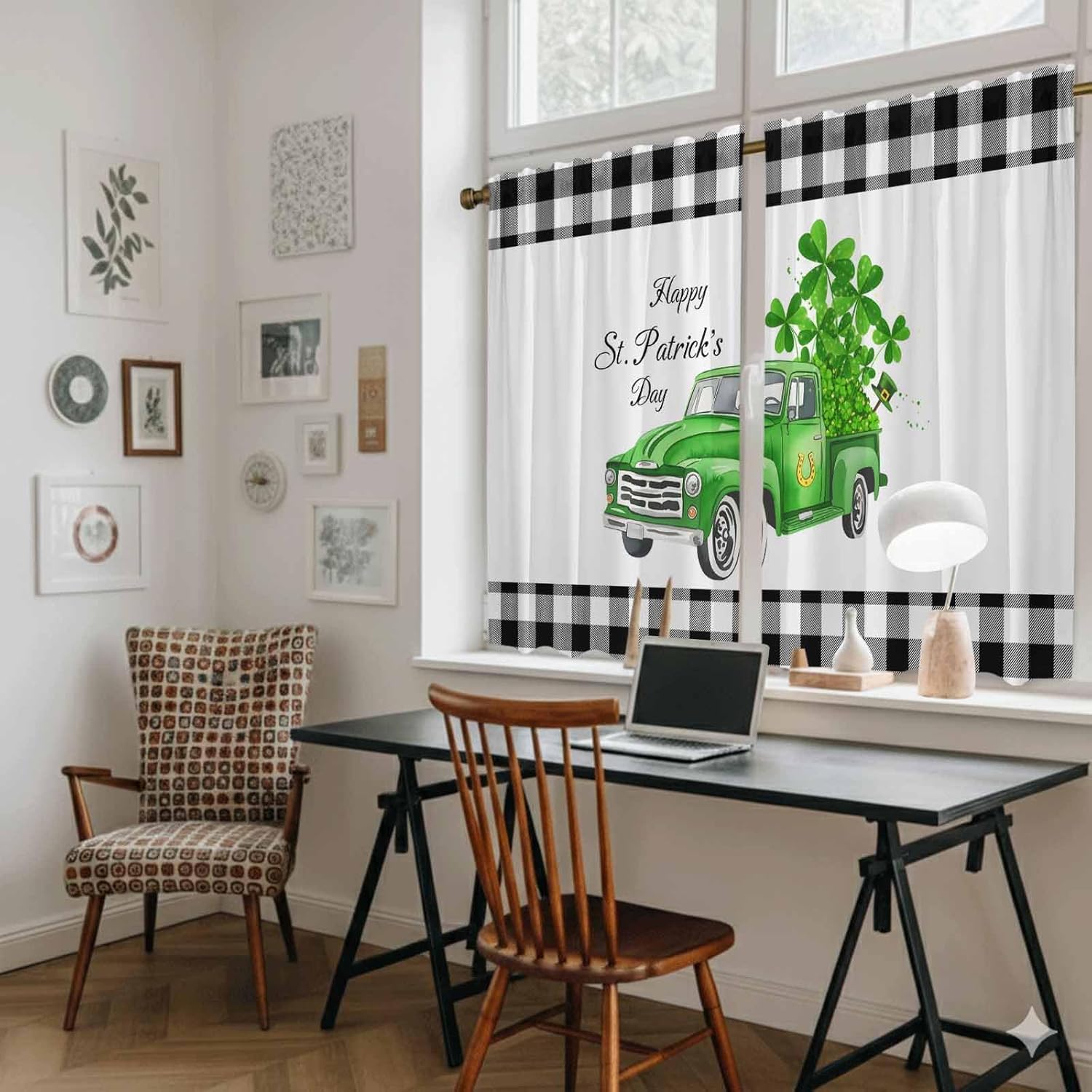 St. Patrick's Day Kitchen Curtains, Spring Three Leaf Grass Truck Black Plaid Light Filtering Window Curtain Panels, 2Pcs Rod Pocket Window Treatments Set for Study Room Bathroom Bedroom 52x54 Inches