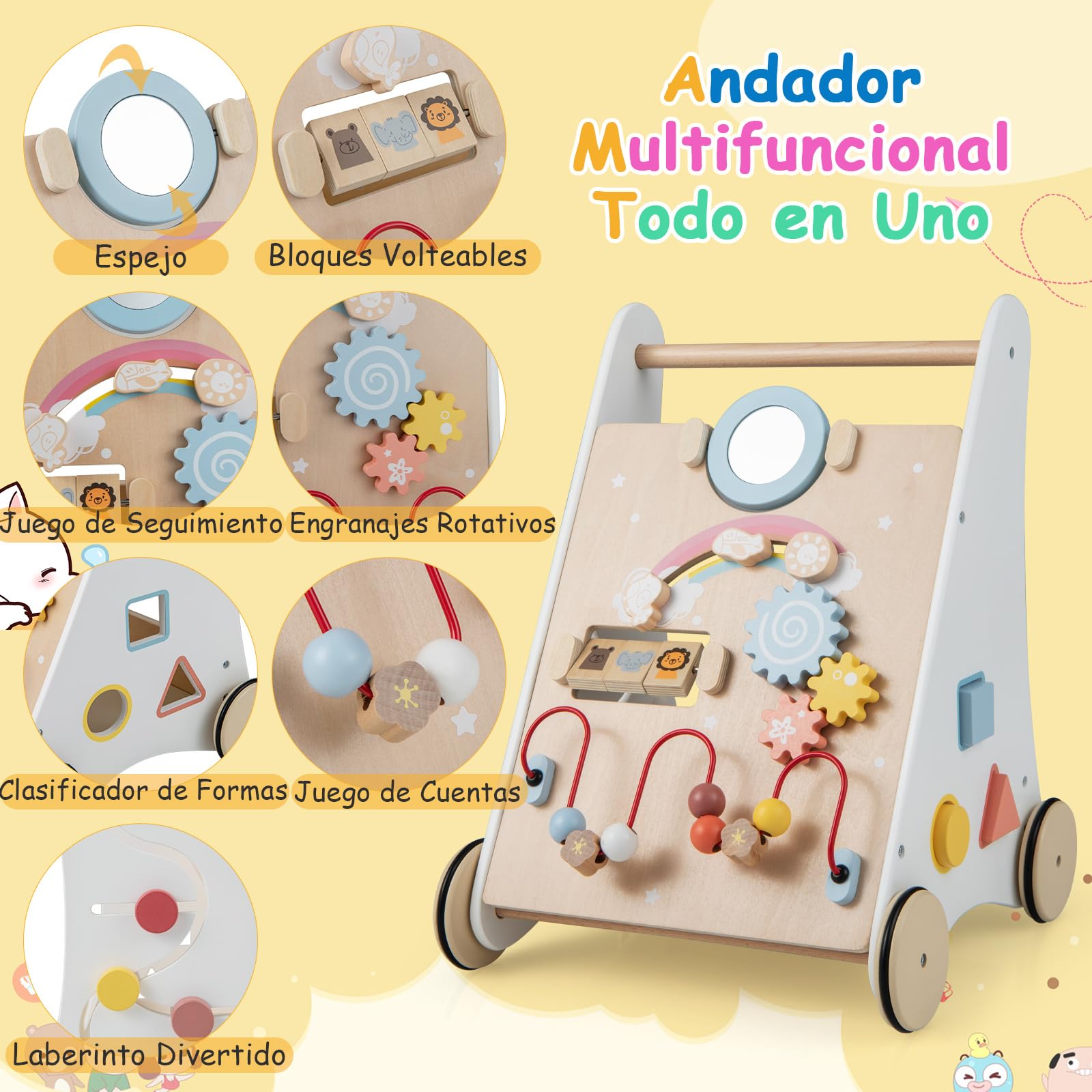 COSTWAY Andador Bebes de Madera, 7 en 1 Andador de Aprendizaje para Empujar/Jalar, Juguetes de Actividad de Madera, Desarrolla las Habilidades Motoras, Juguete para Caminar para Niños de 1+ Años